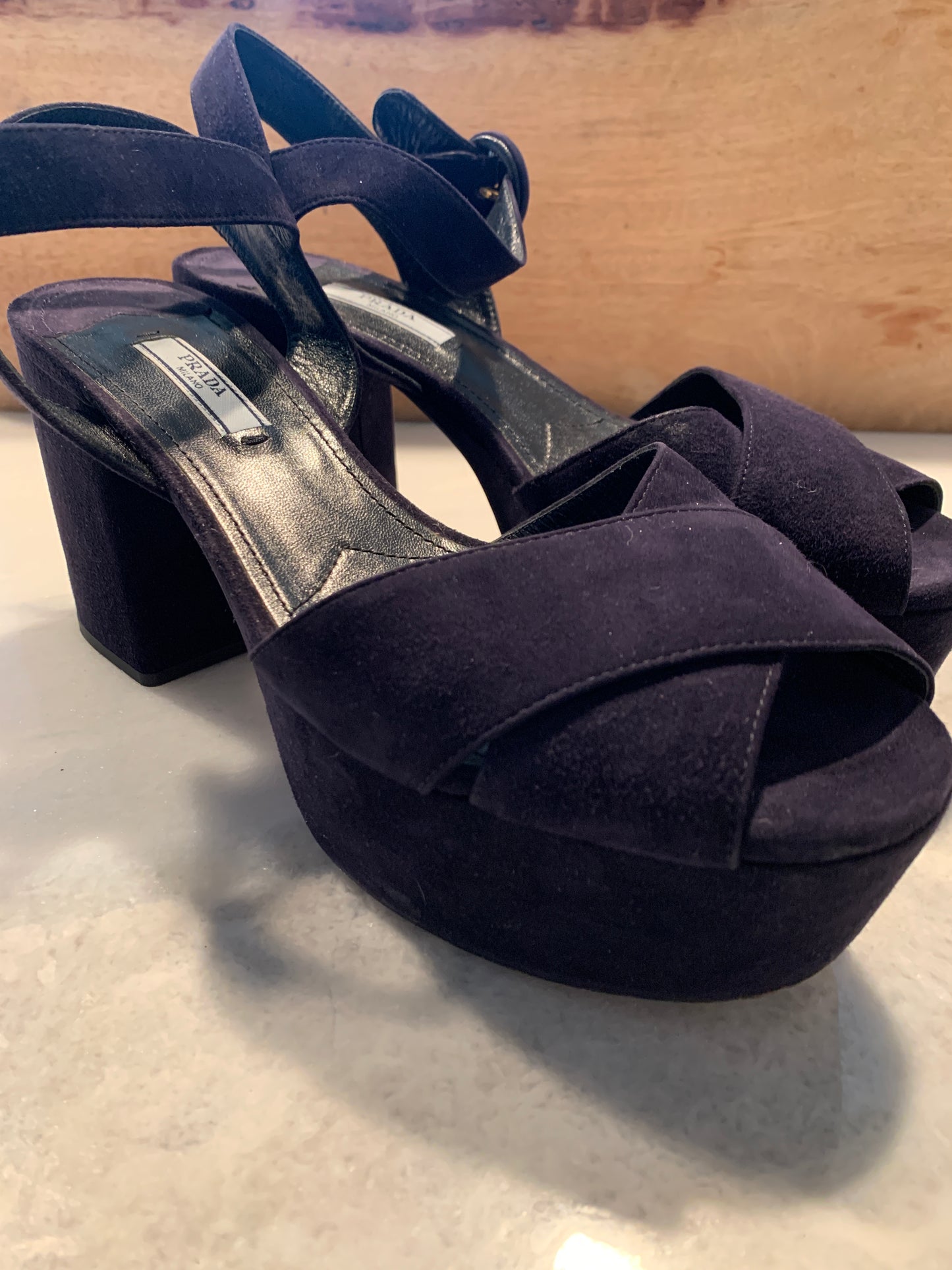 Prada Platform Blue Suede Sandals Sz 39