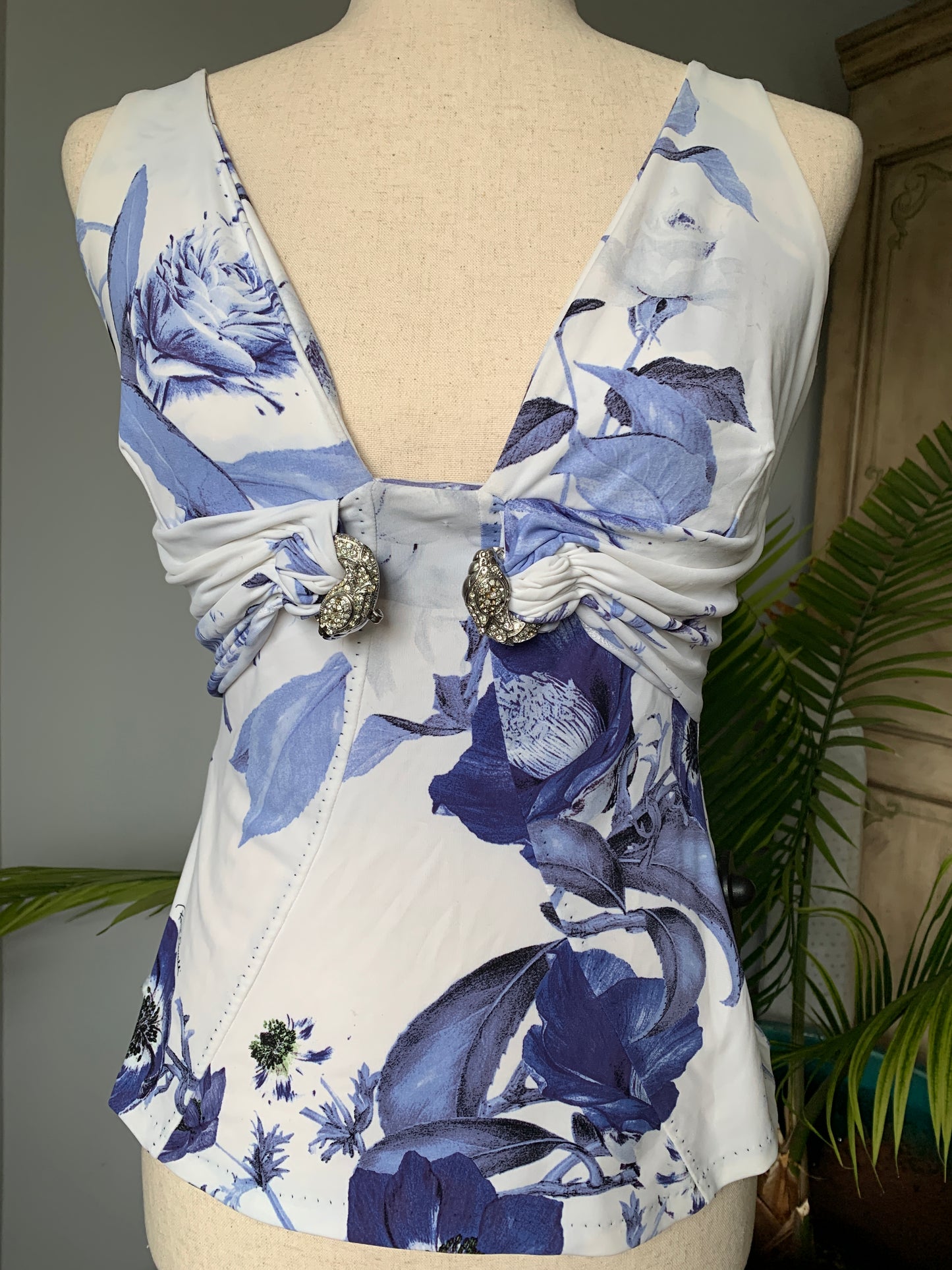 Vintage Robert Cavalli Knit Blue White Floral Print Top Sz 44 Small