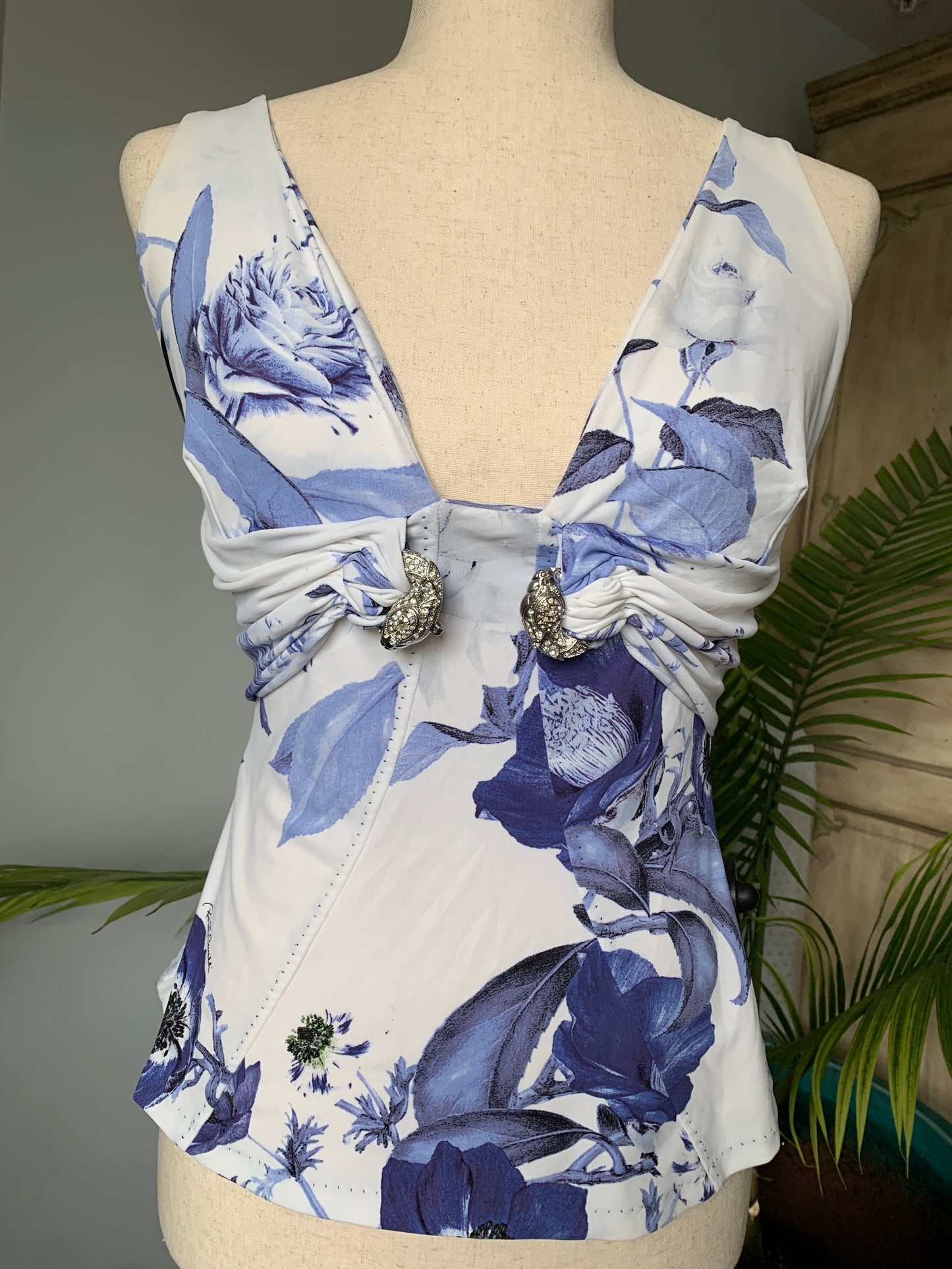 Vintage Robert Cavalli Knit Blue White Floral Print Top Sz 44 Small