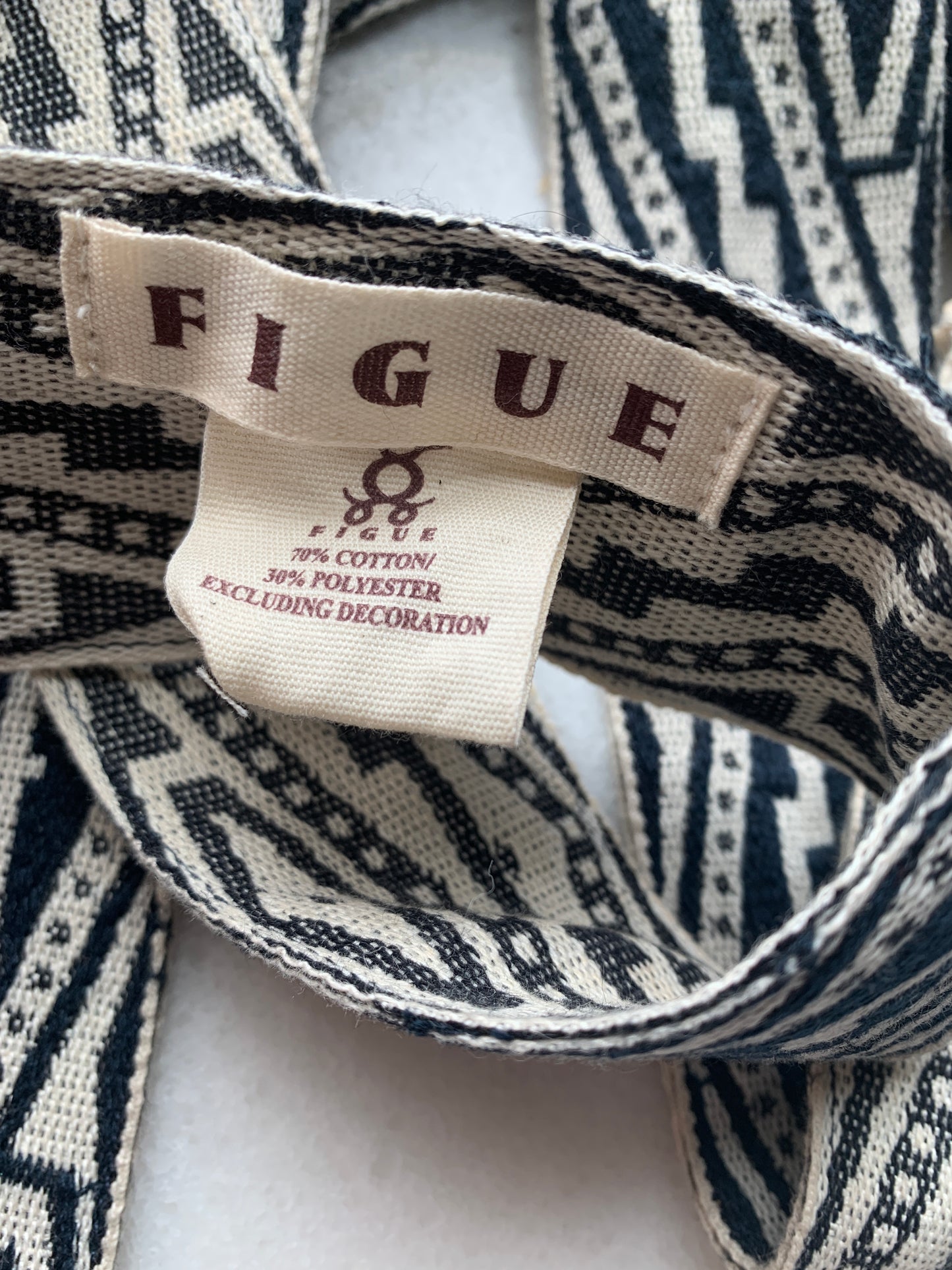 Women's Figue Blue, White Cotton Woven Belt Tassels Shells