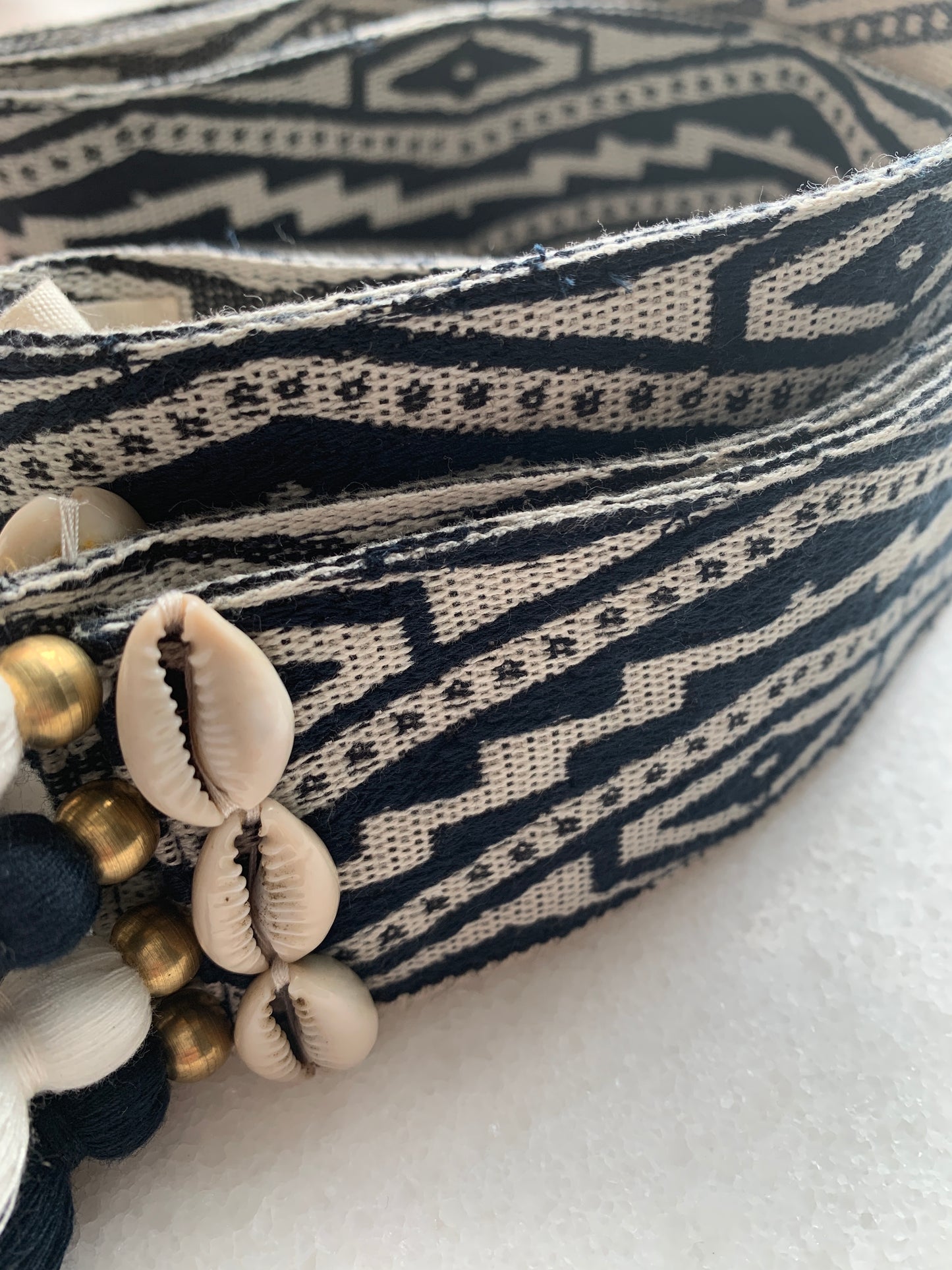 Women's Figue Blue, White Cotton Woven Belt Tassels Shells