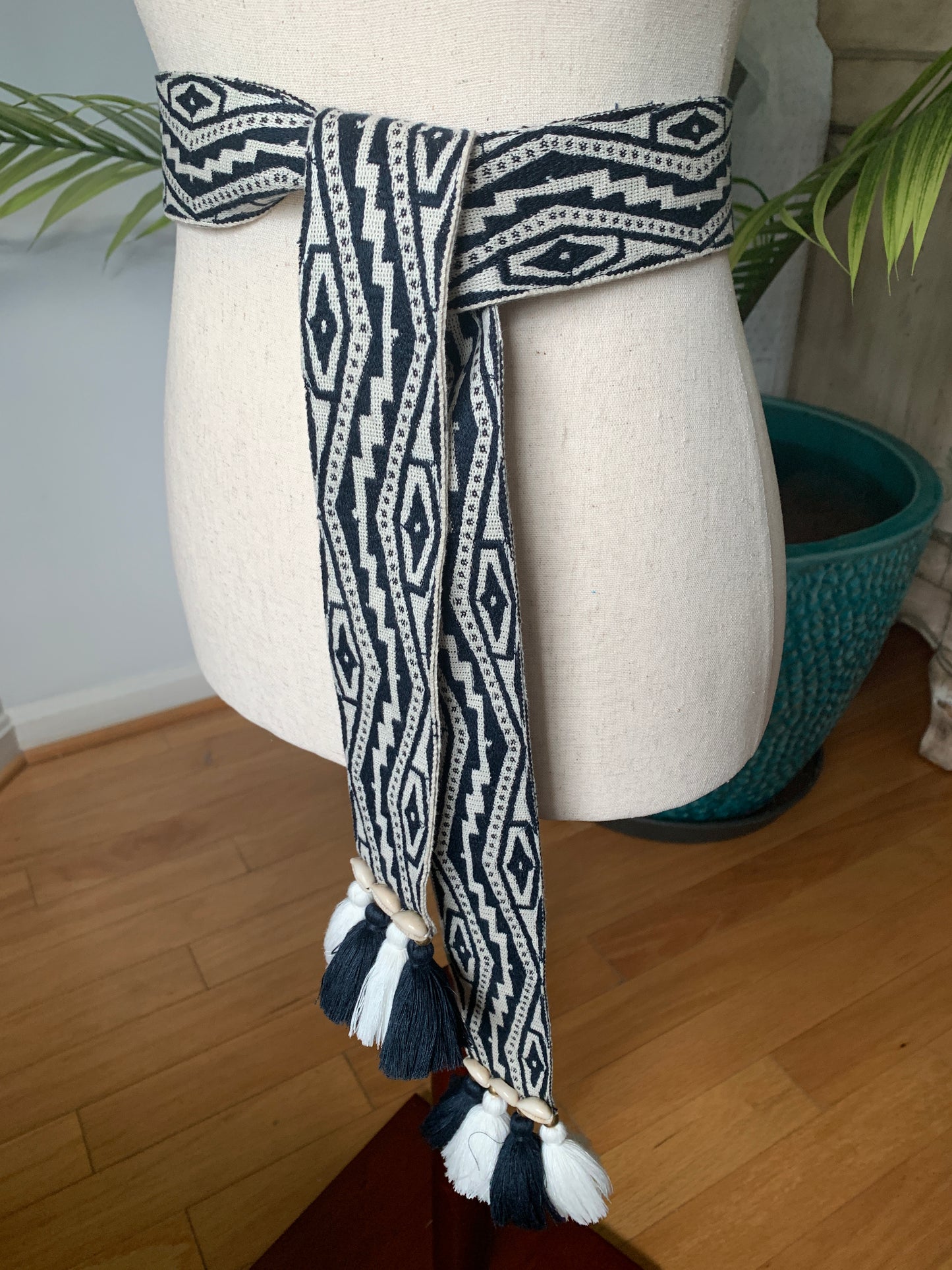 Women's Figue Blue, White Cotton Woven Belt Tassels Shells