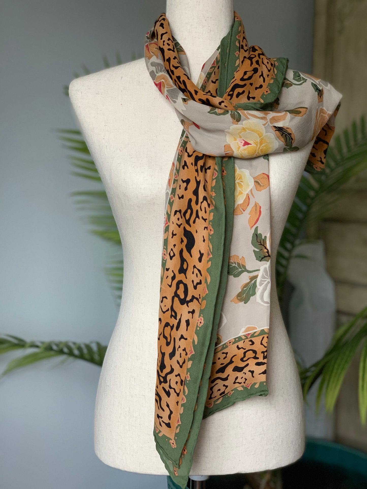 Silk Scarf Green, Gray, Yellow Floral, Animal Print