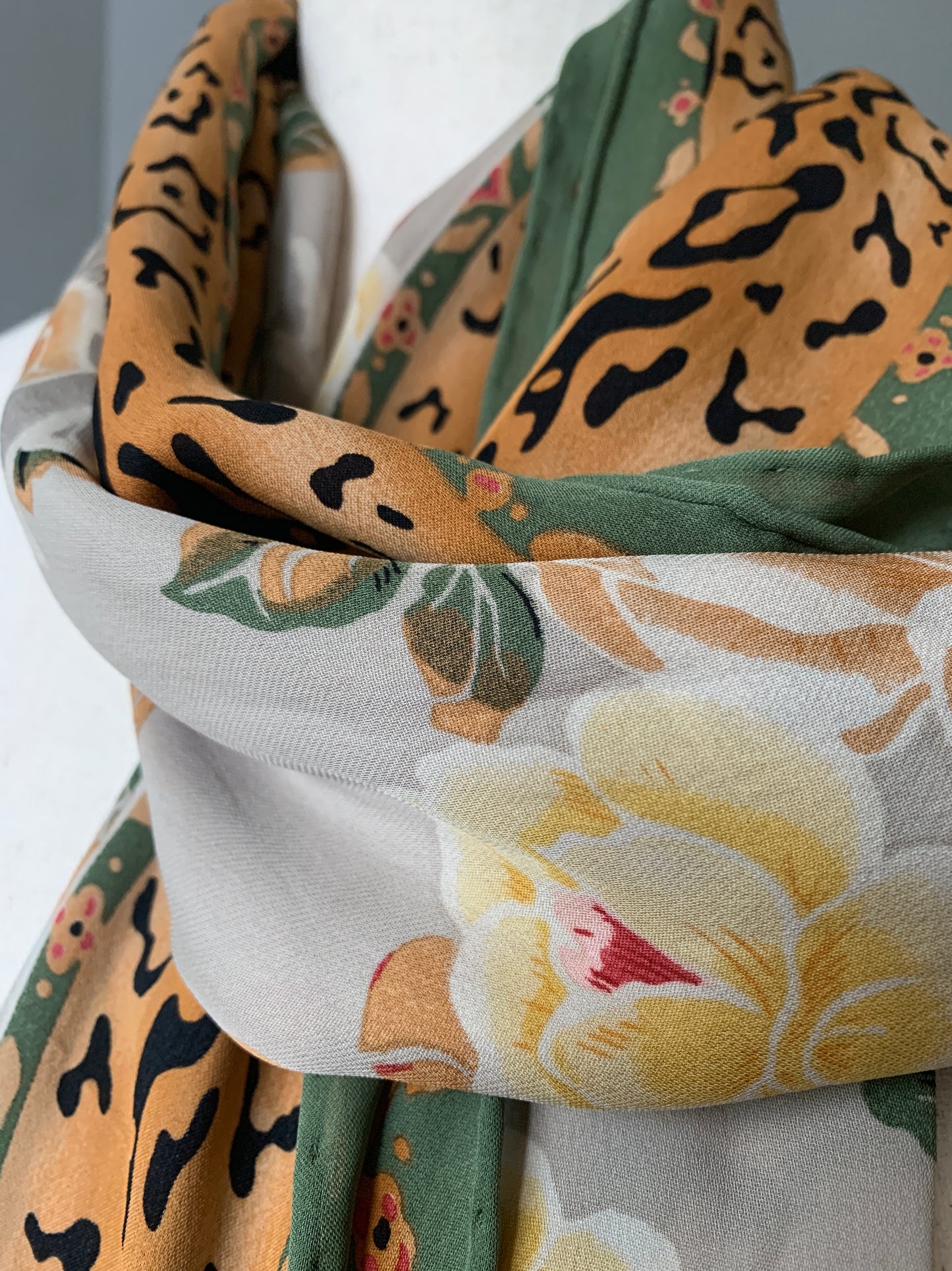 Silk Scarf Green, Gray, Yellow Floral, Animal Print
