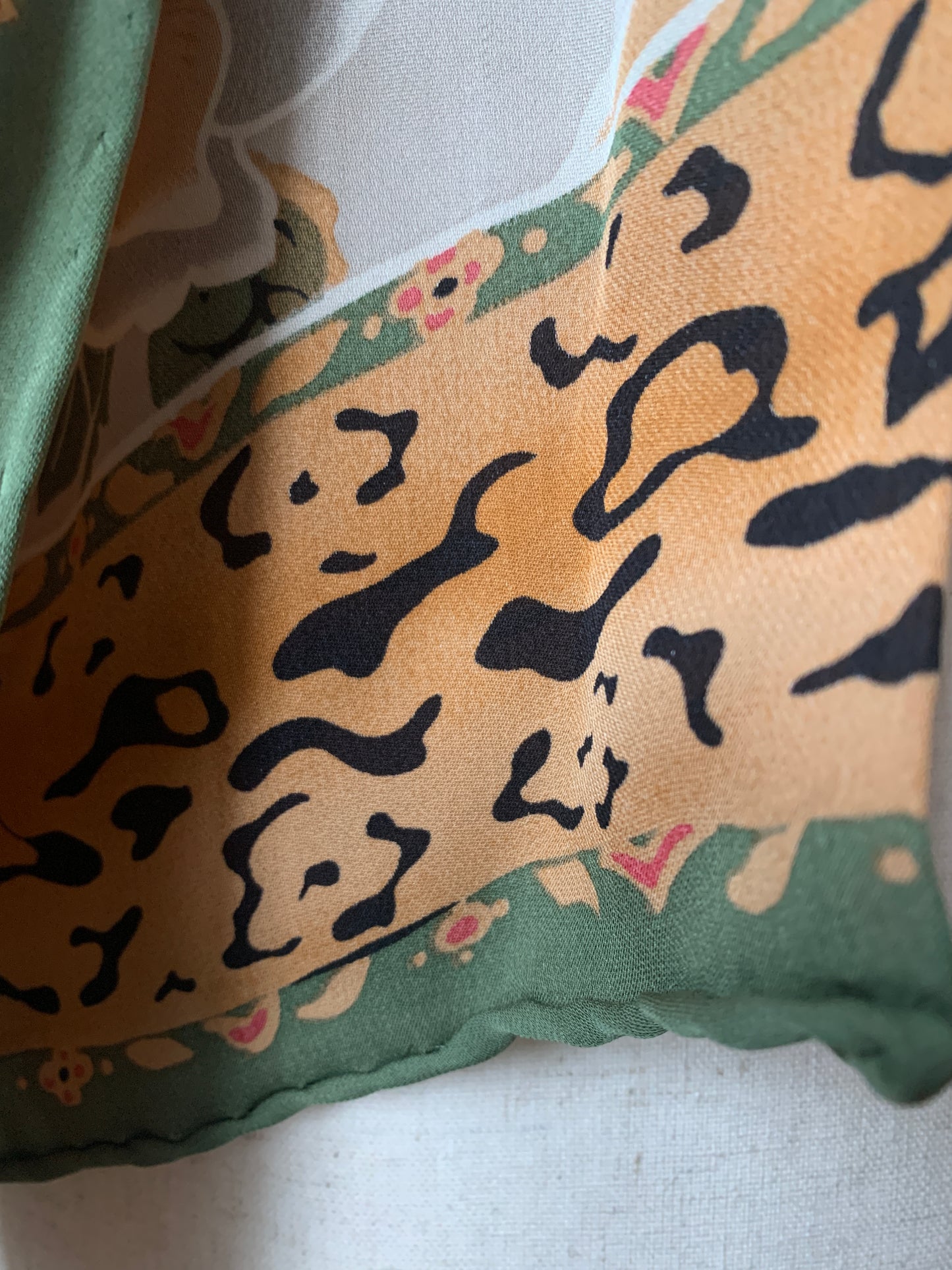 Silk Scarf Green, Gray, Yellow Floral, Animal Print