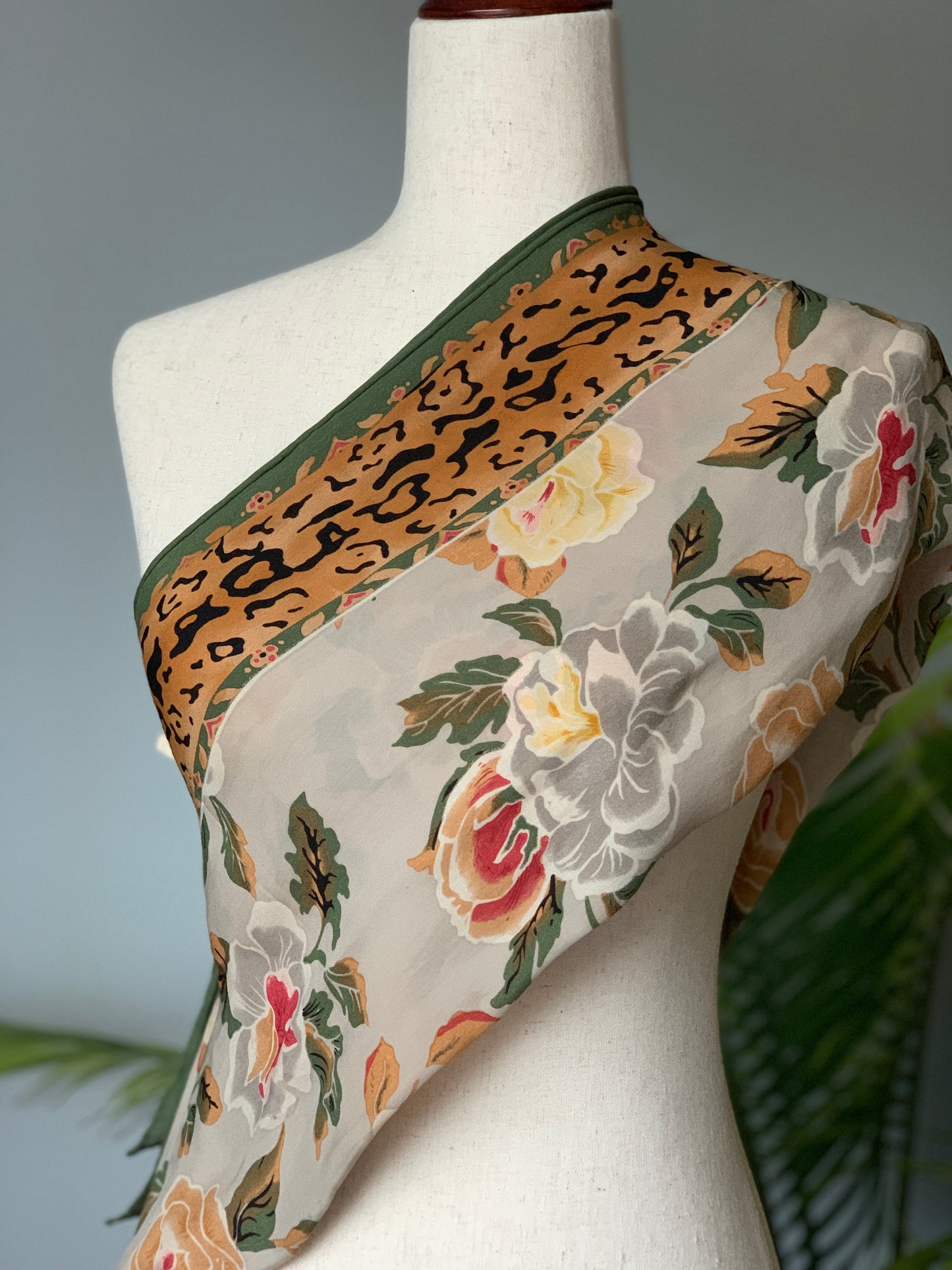 Silk Scarf Green, Gray, Yellow Floral, Animal Print