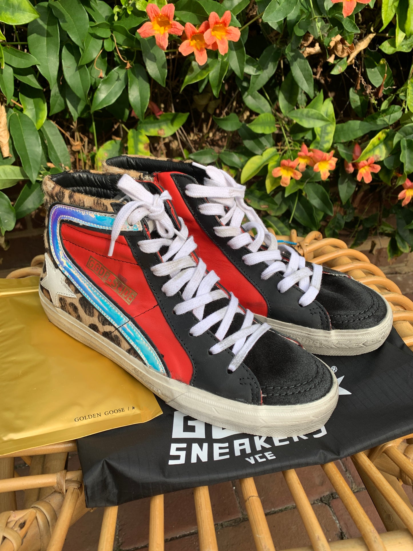 Golden Goose Snow Leopard, Red and White Star Sneakers Sz 38