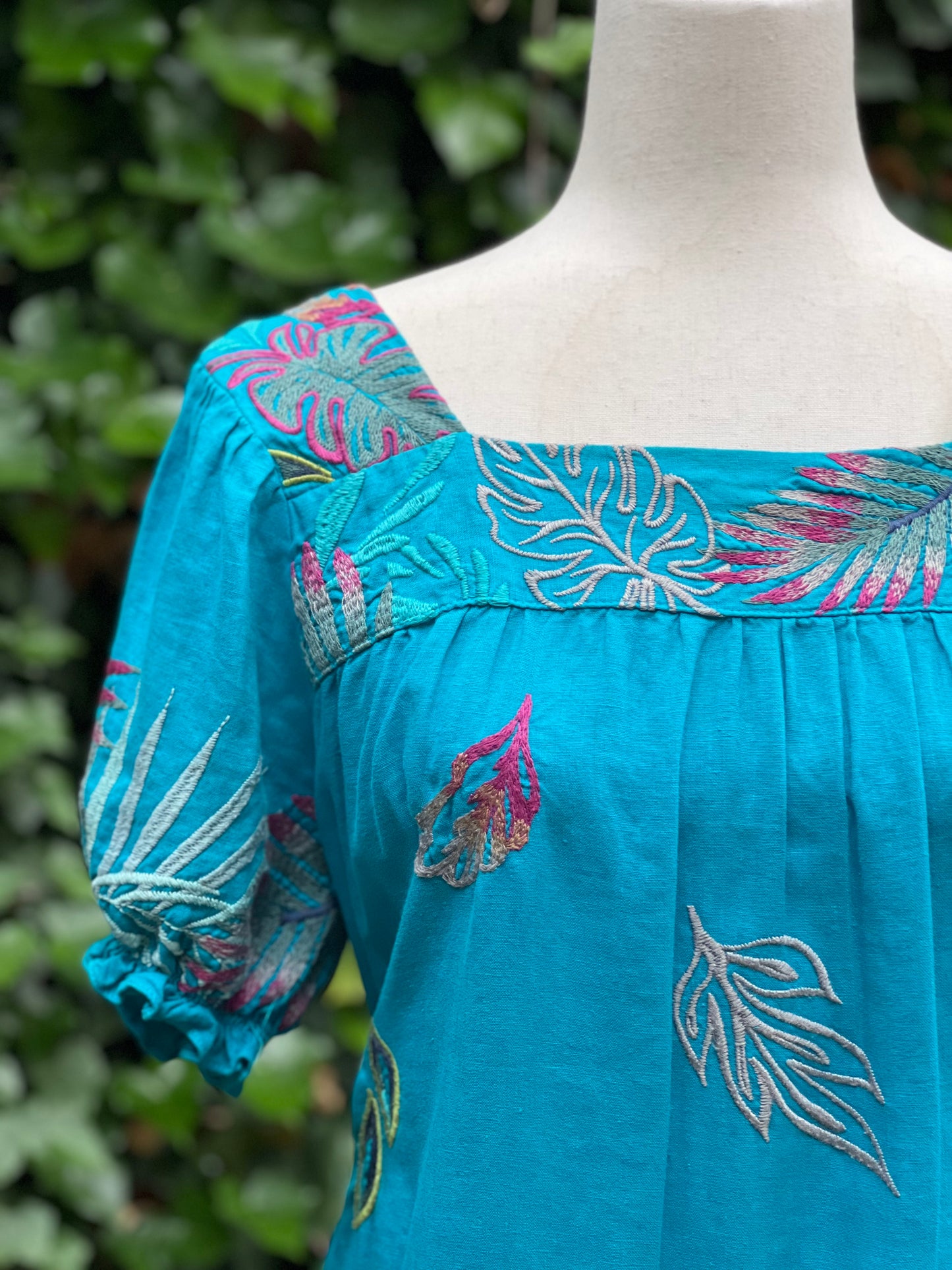 Johnny Was Turquoise Palm Leaves Embroidered Dress Size S
