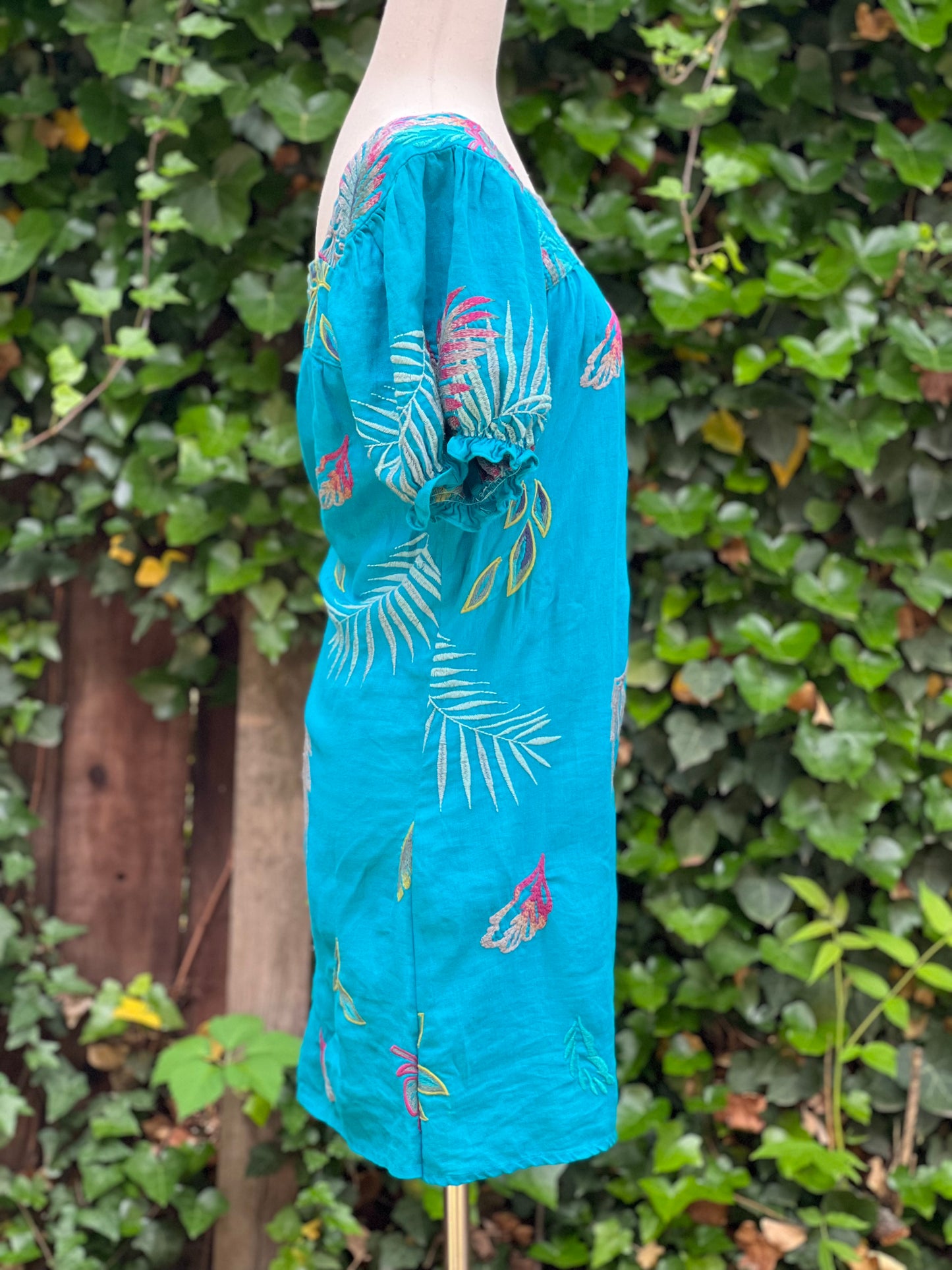 Johnny Was Turquoise Palm Leaves Embroidered Dress Size S