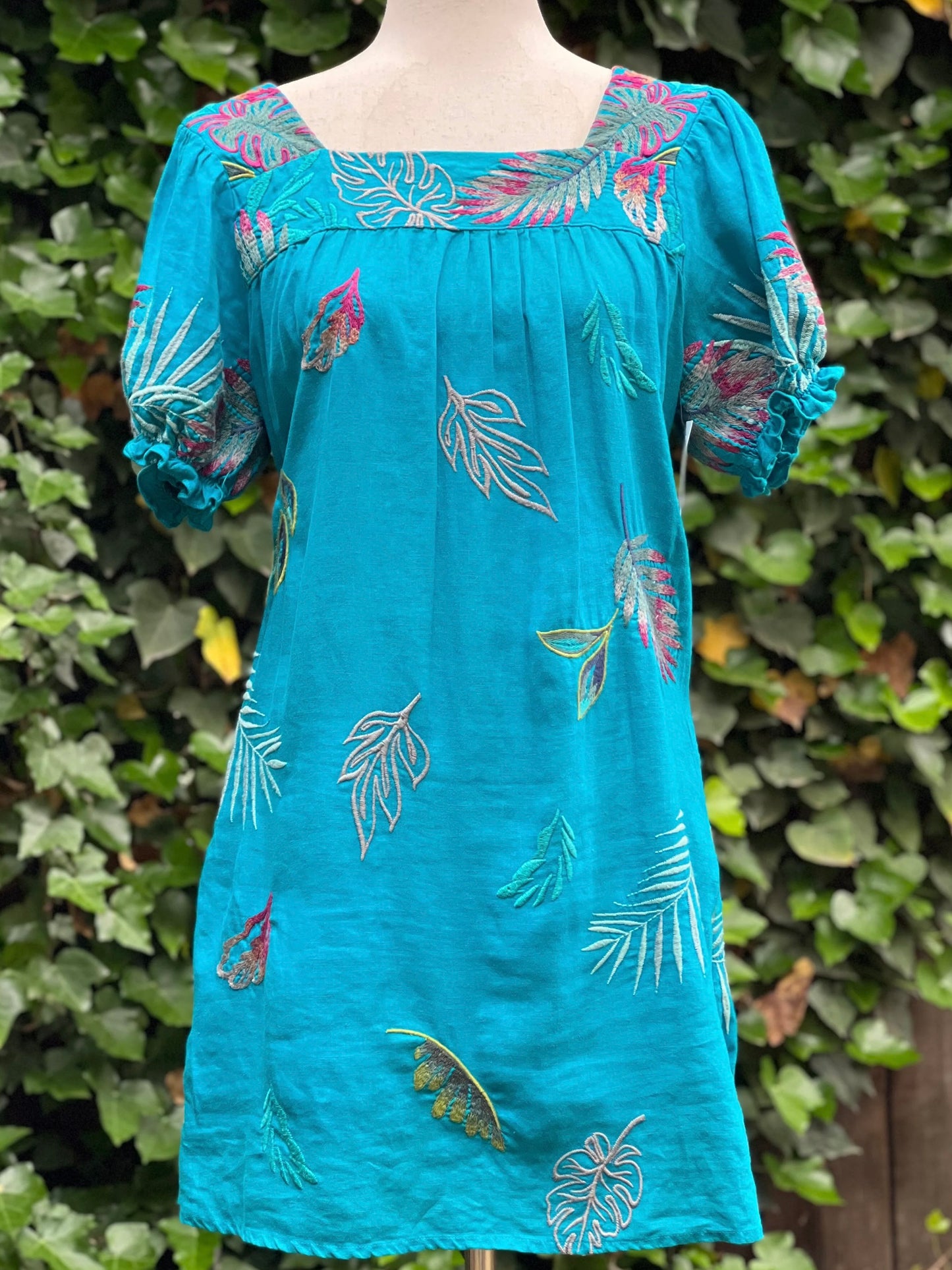 Johnny Was Turquoise Palm Leaves Embroidered Dress Size S