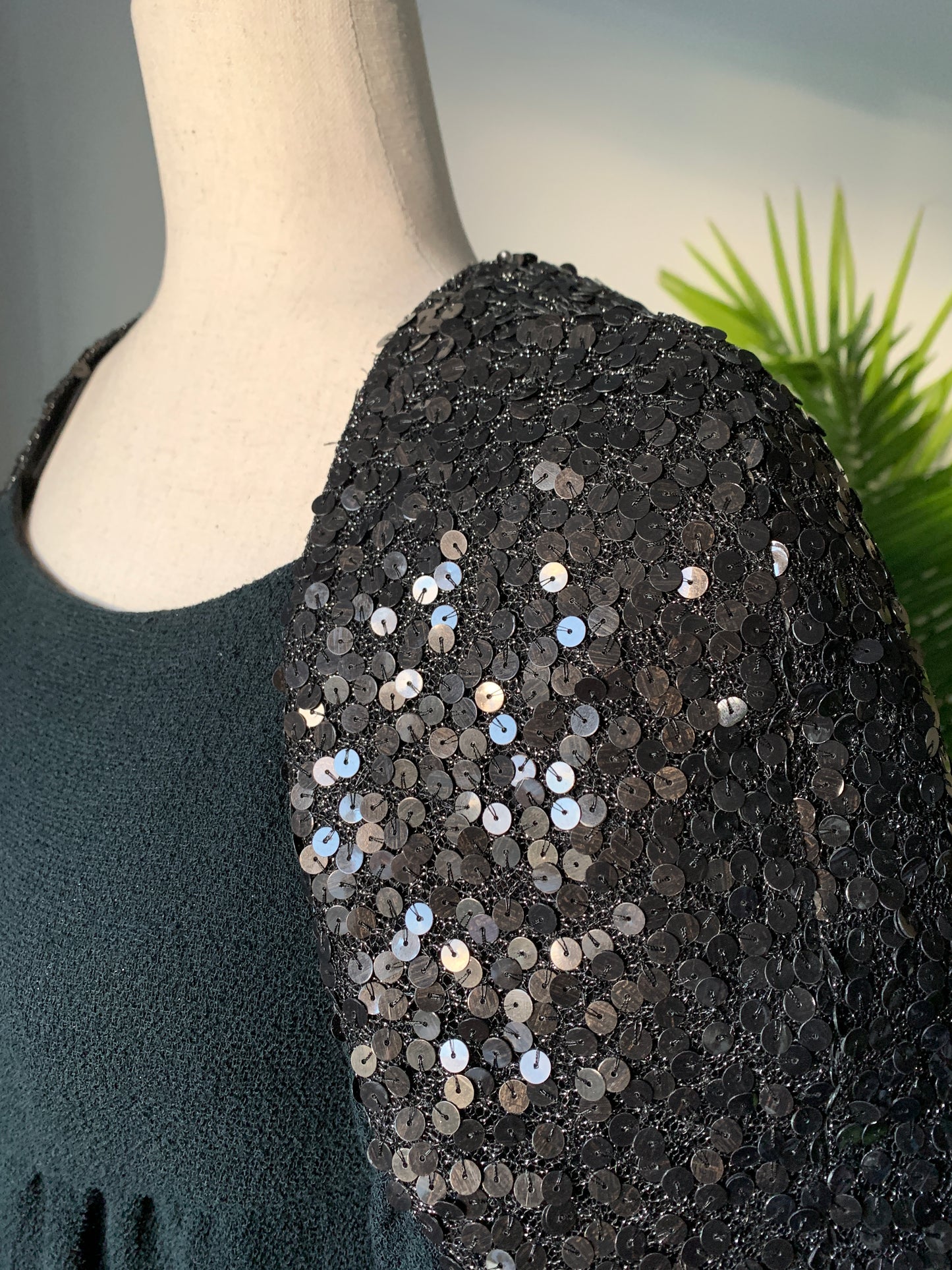 Chanel Black Wool Dress, Sequined sleeves, Size 40