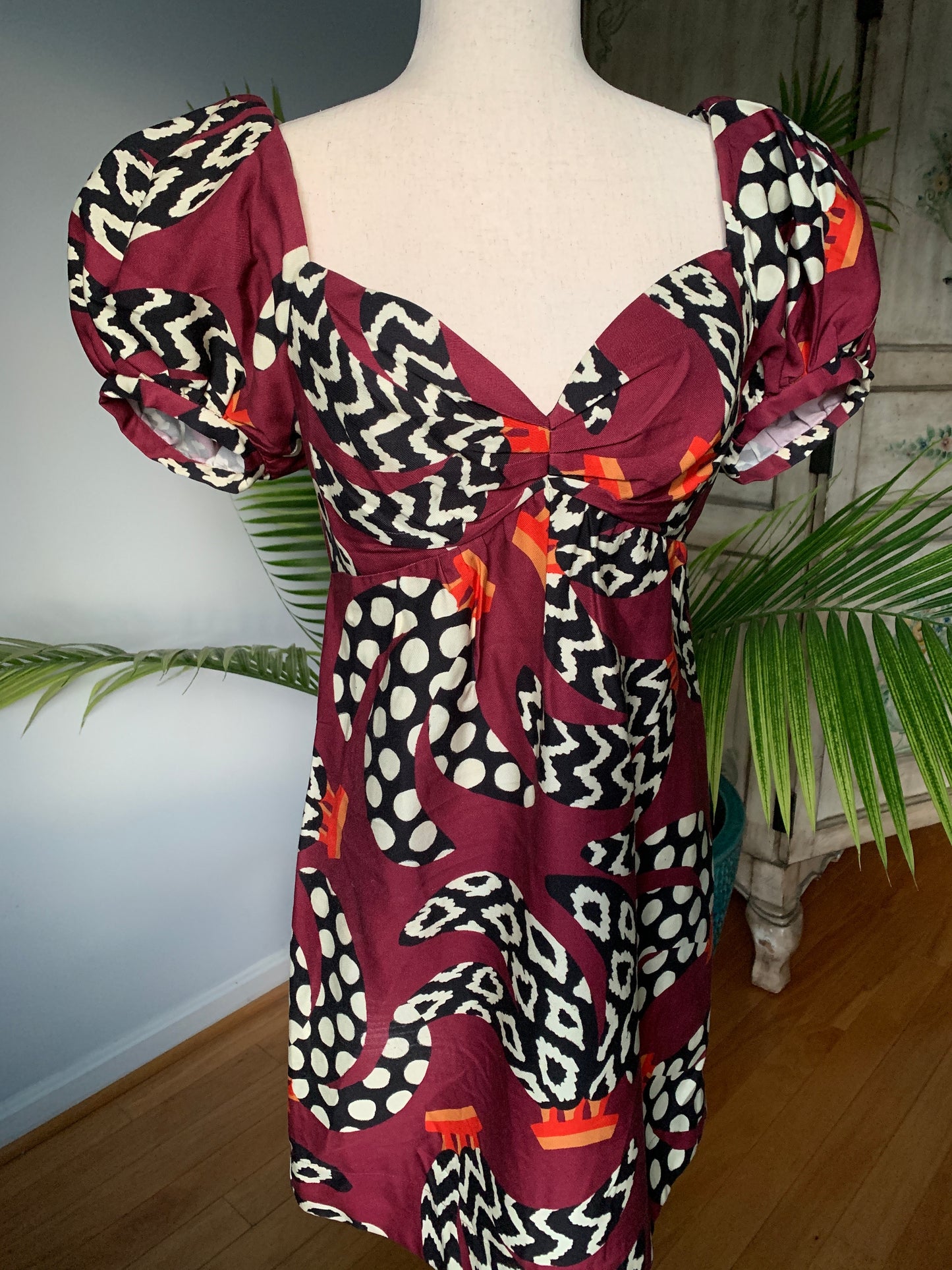 Farm Rio Burgundy Floral Print Poof Sleeves Dress, Sz Small