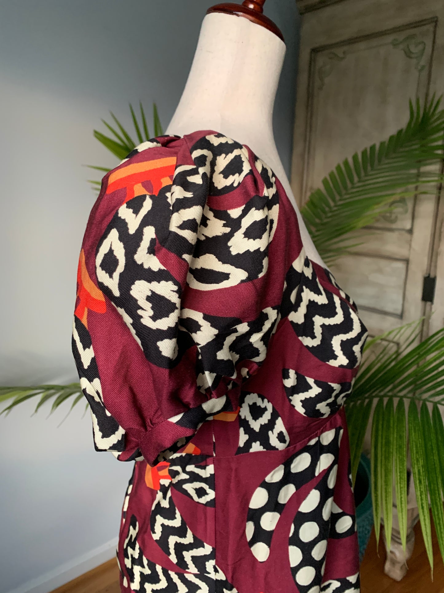 Farm Rio Burgundy Floral Print Poof Sleeves Dress, Sz Small