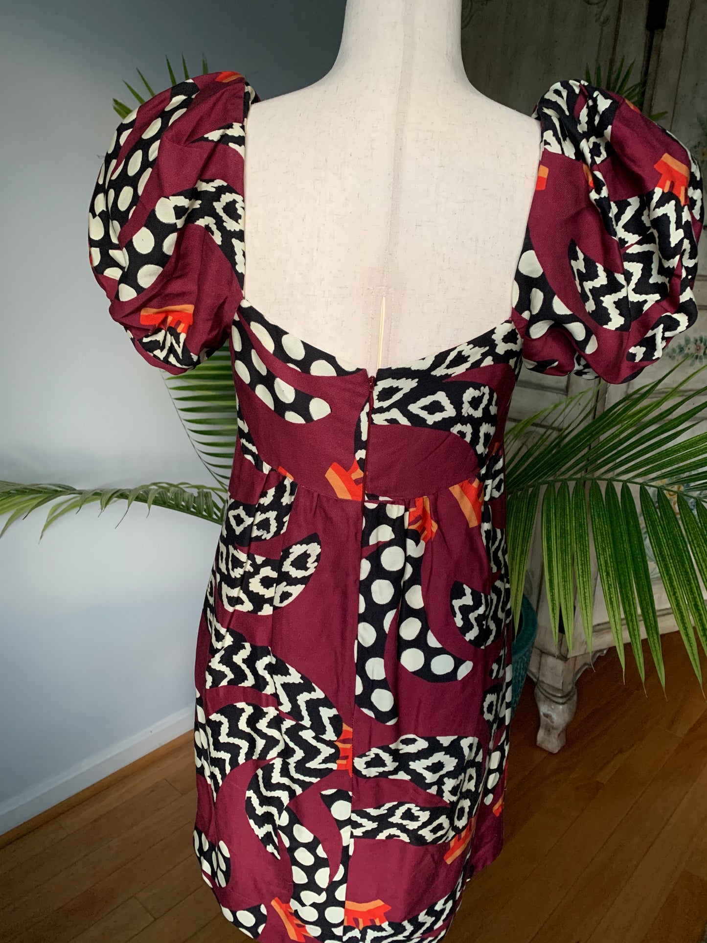 Farm Rio Burgundy Floral Print Poof Sleeves Dress, Sz Small