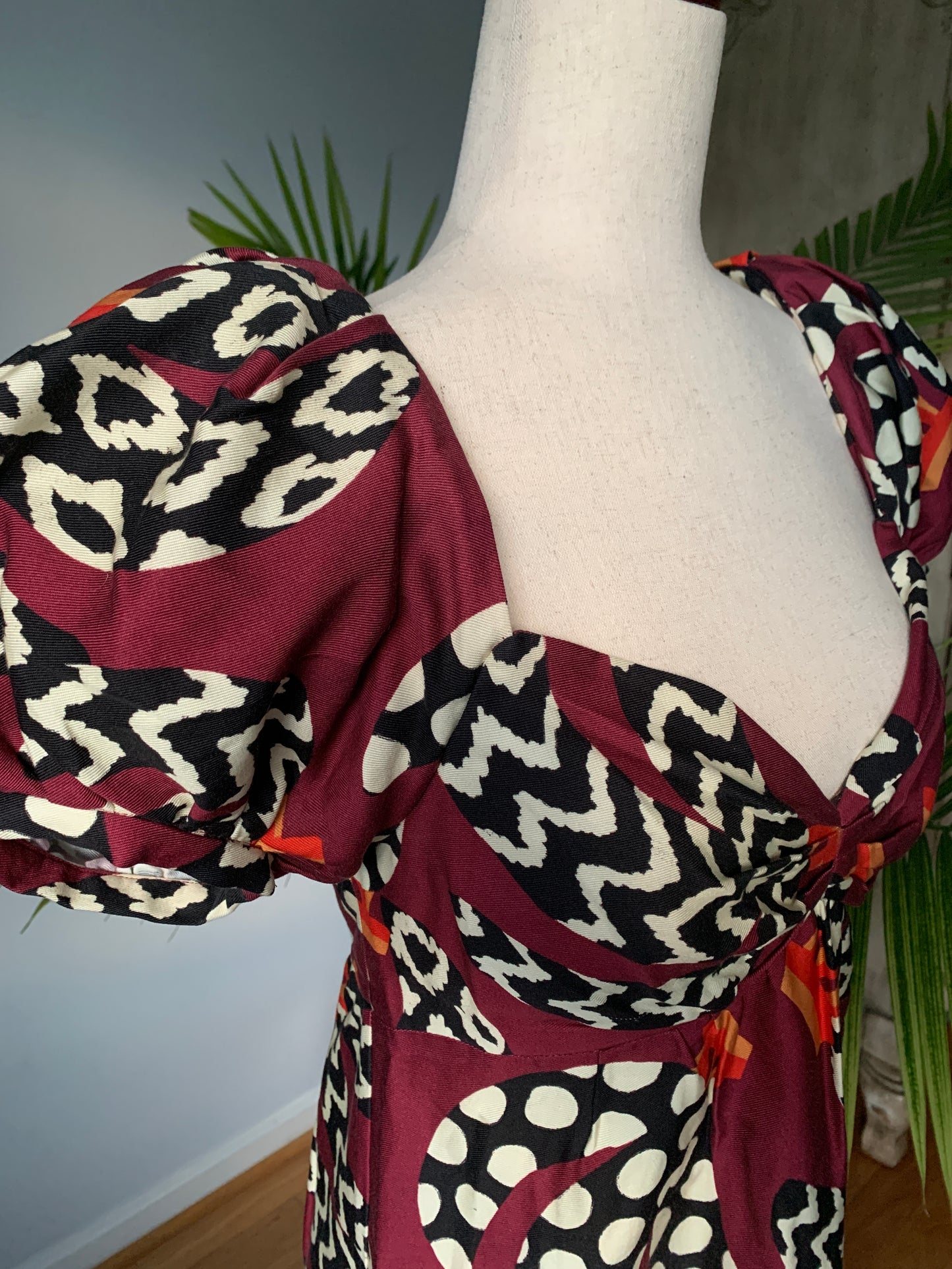 Farm Rio Burgundy Floral Print Poof Sleeves Dress, Sz Small