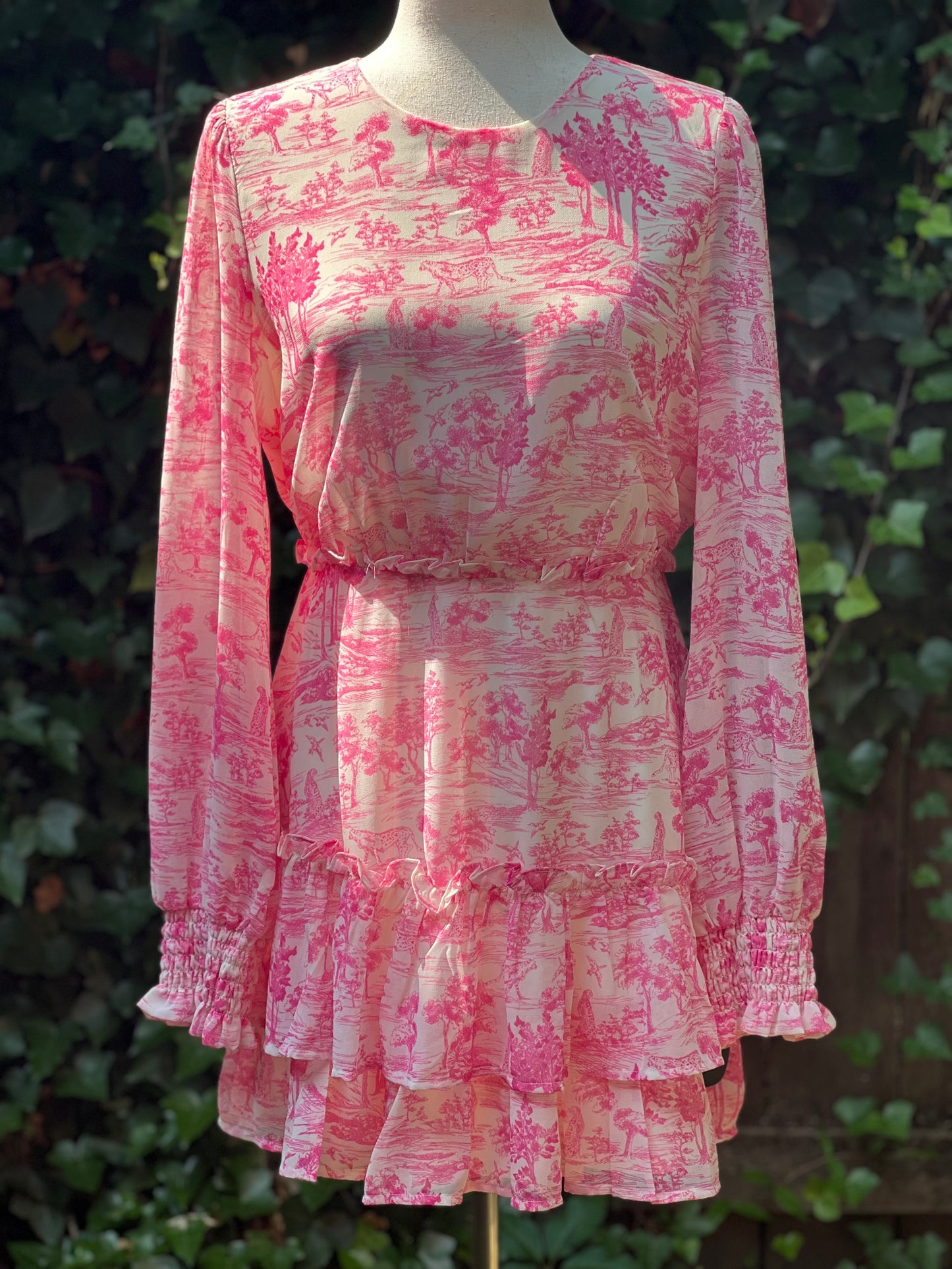 Aqua Toile Printed Ruffled Mini Dress Size L