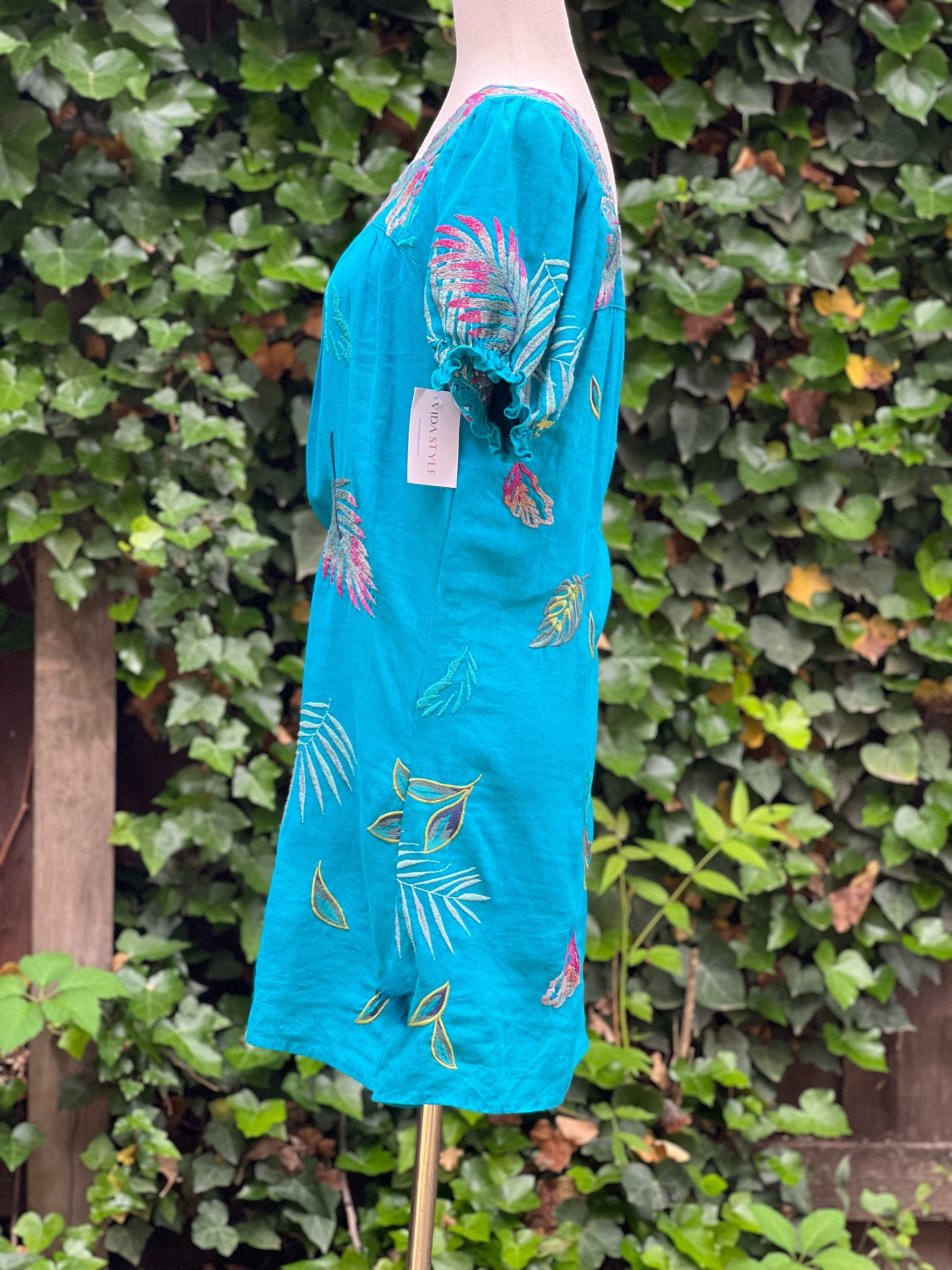 Johnny Was Turquoise Palm Leaves Embroidered Dress Size S