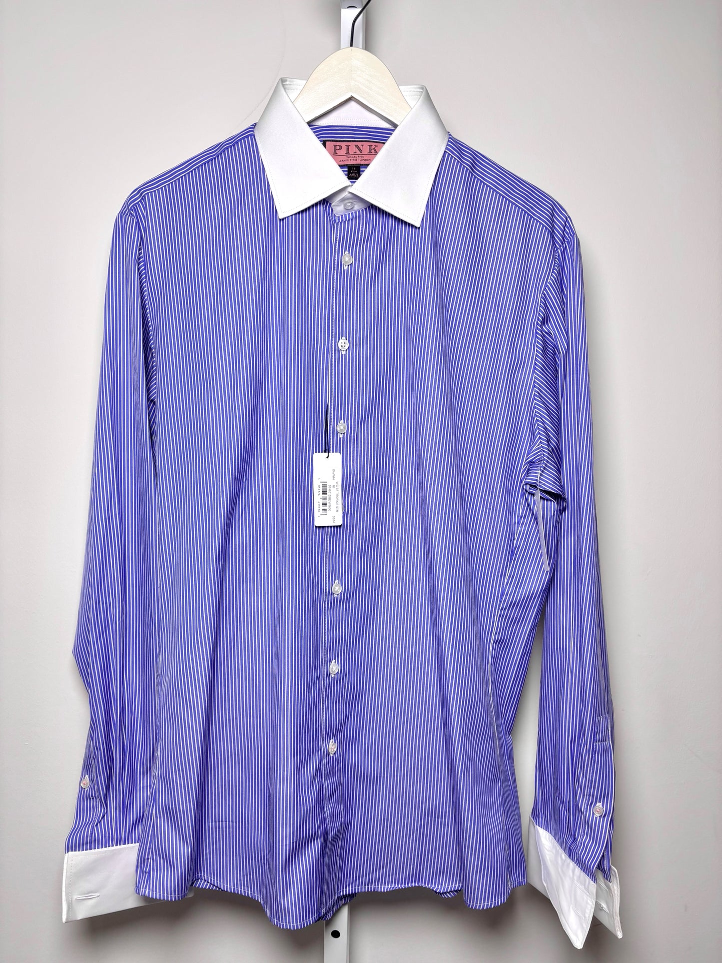 Mens Size 16 PINK Thomas Pink Jermyn Street Lond Blue, White Cotton Stripe Shirt