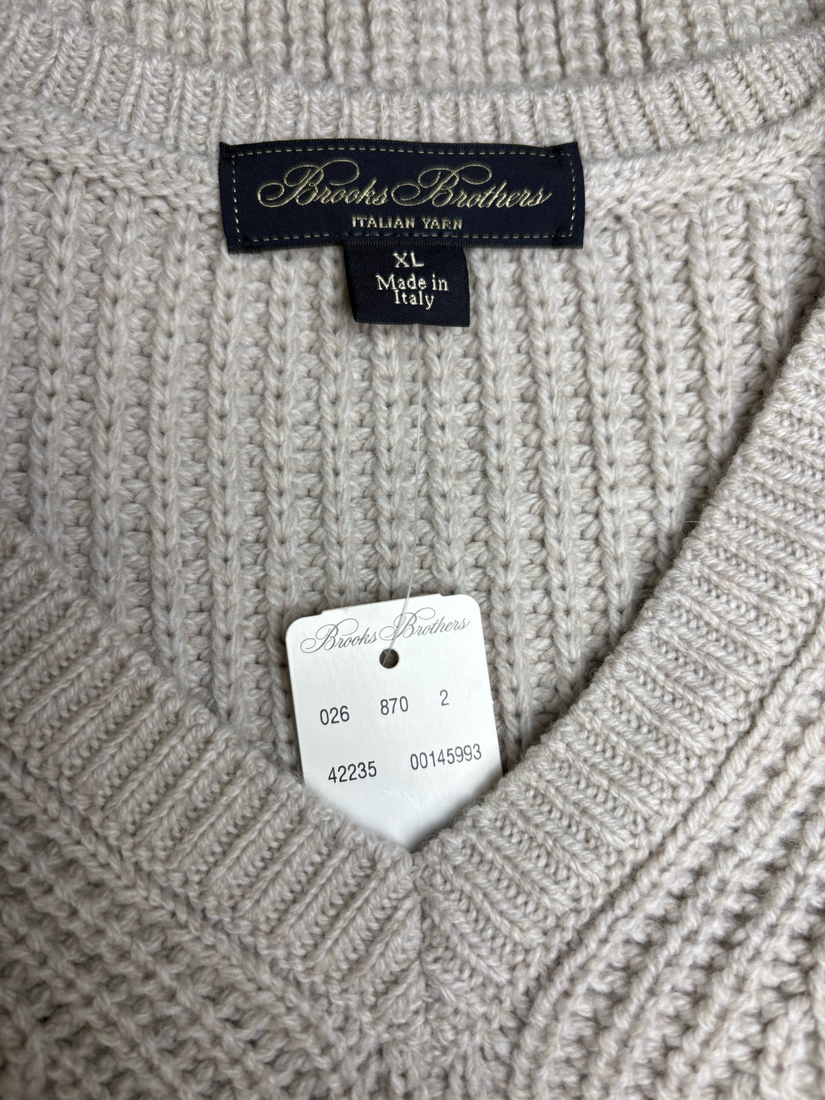 Men's Size XL Brooks Brothers Ivory Wool Cashmere V-Neck NWT Pre-Owned Sweater