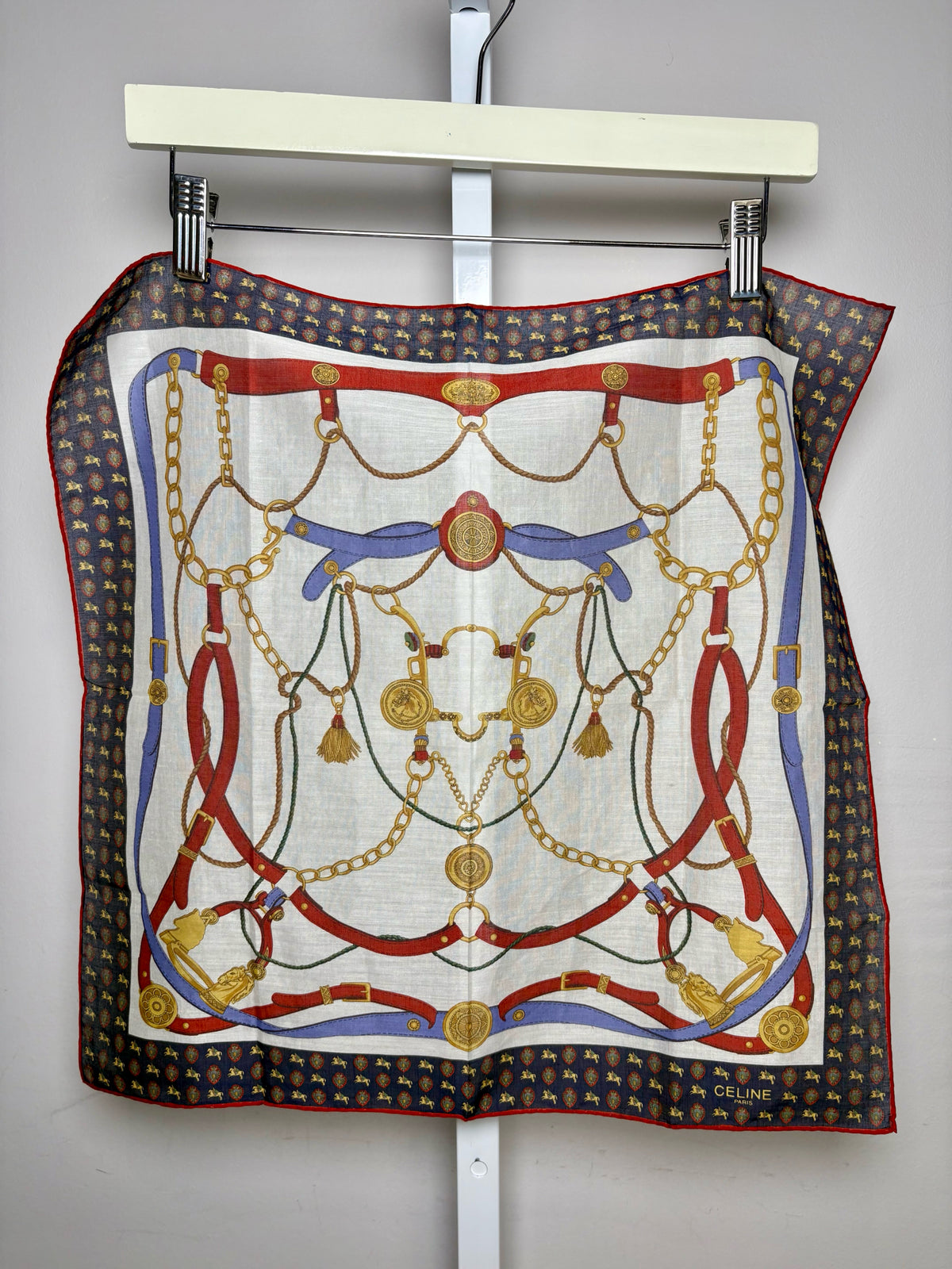 Women's Celine Navy Gold Green Red White Cotton Vintage Pre-Owned Handkerchief Scarf