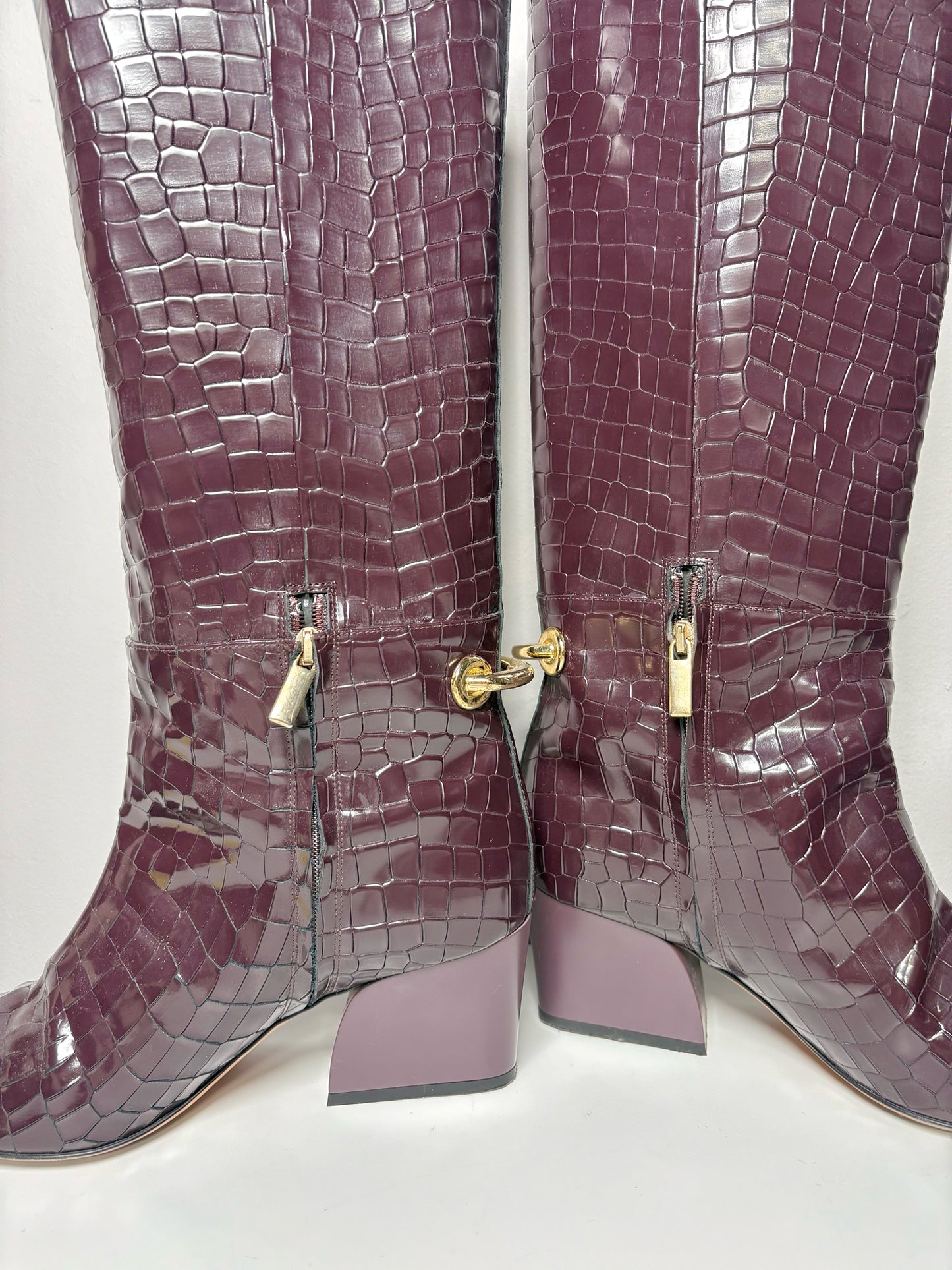 Tall Boots TIBI Croc Embosssed Burgundy Sz 10.5 Gold-tone Hardware