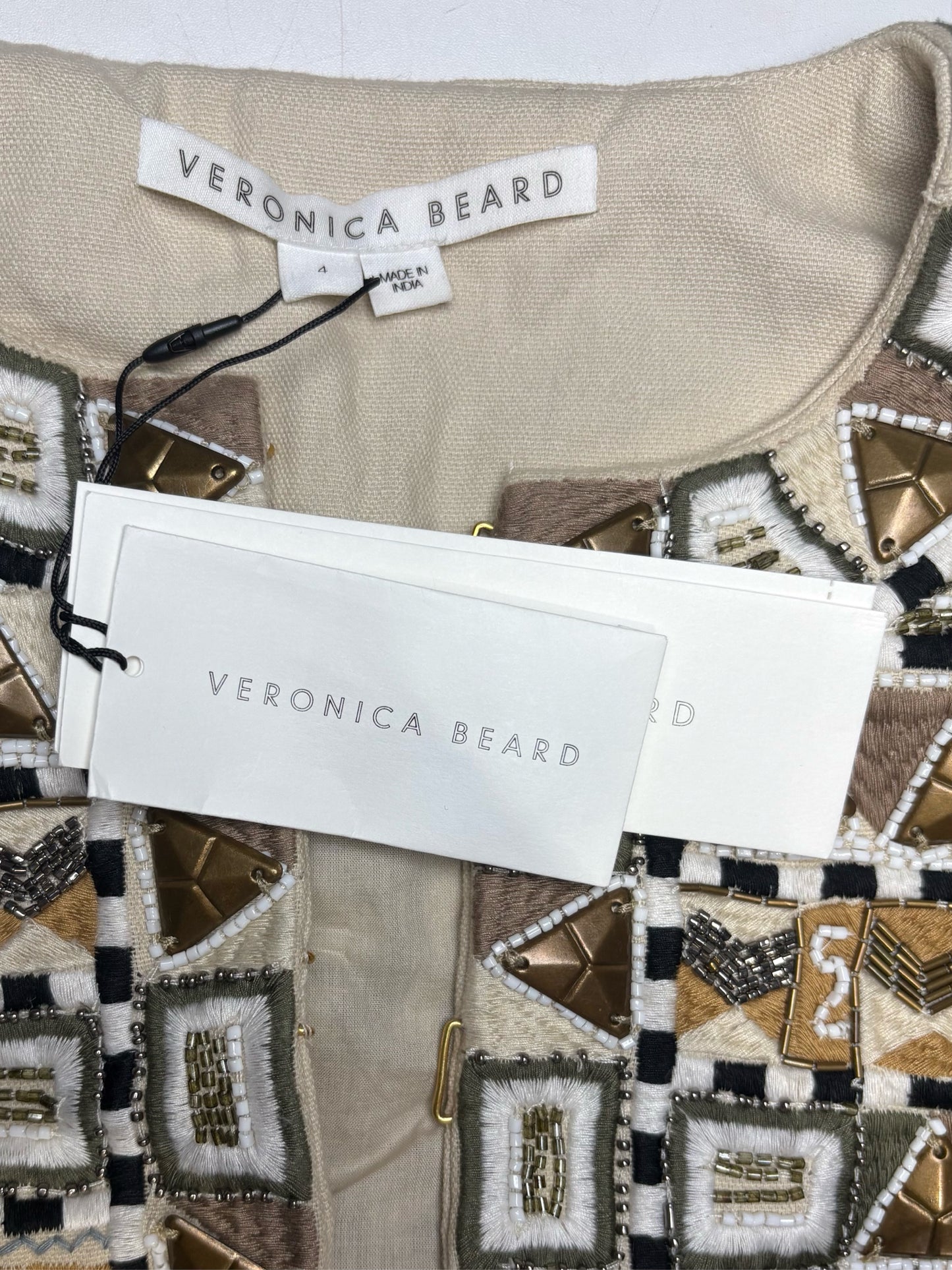 Women Size 4 Veronica Beard Daryl Beige Multi-Color Beaded Pure Cotton NWT Pre-Owned Jacket