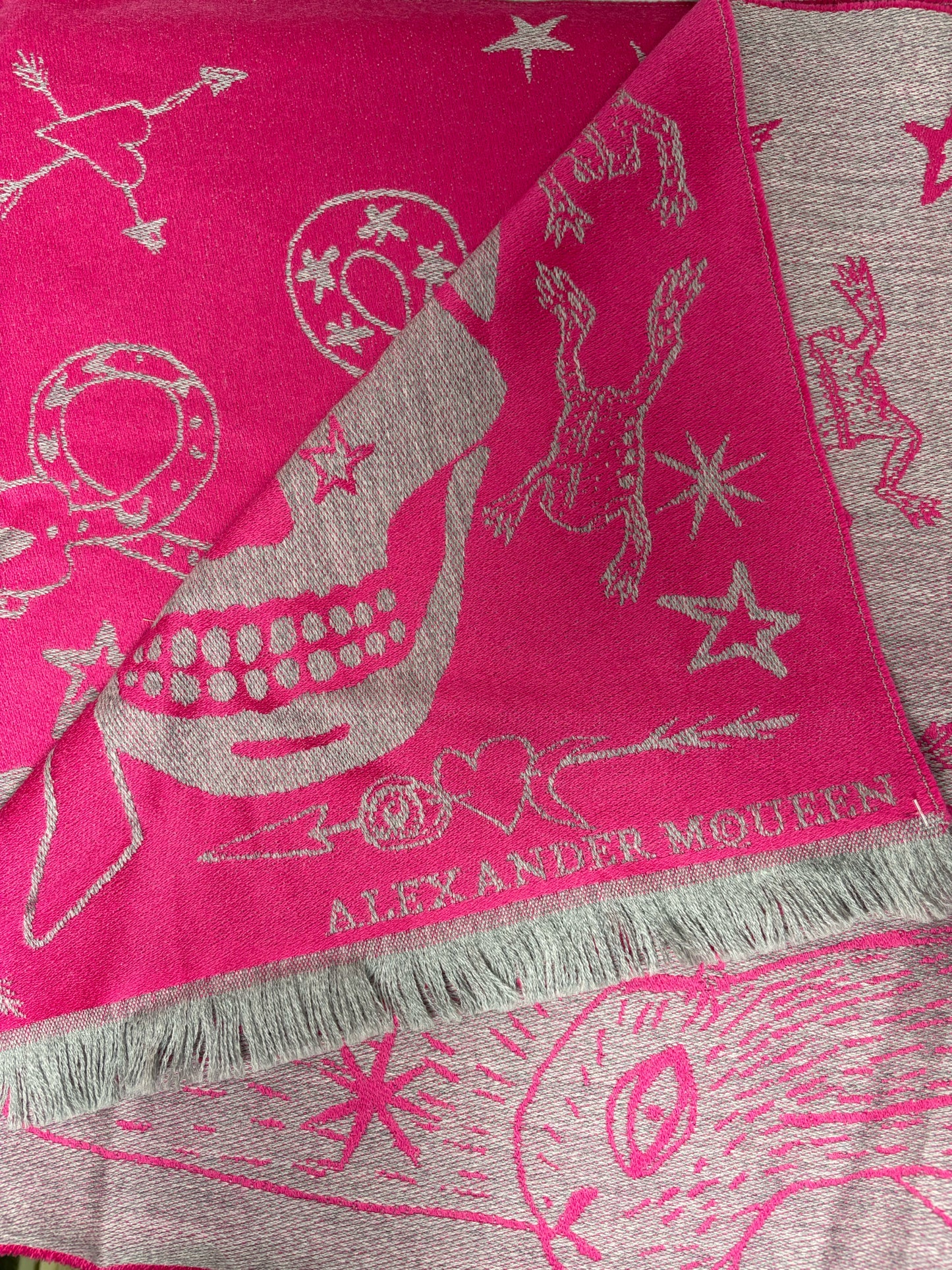 Alexander McQueen Pink Skullhead Scarf Fringe Trim