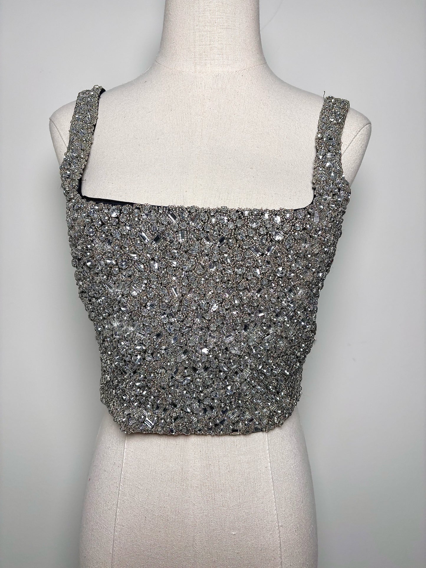 Women Size 2 BR Black, Silver Crystals Bustier Top