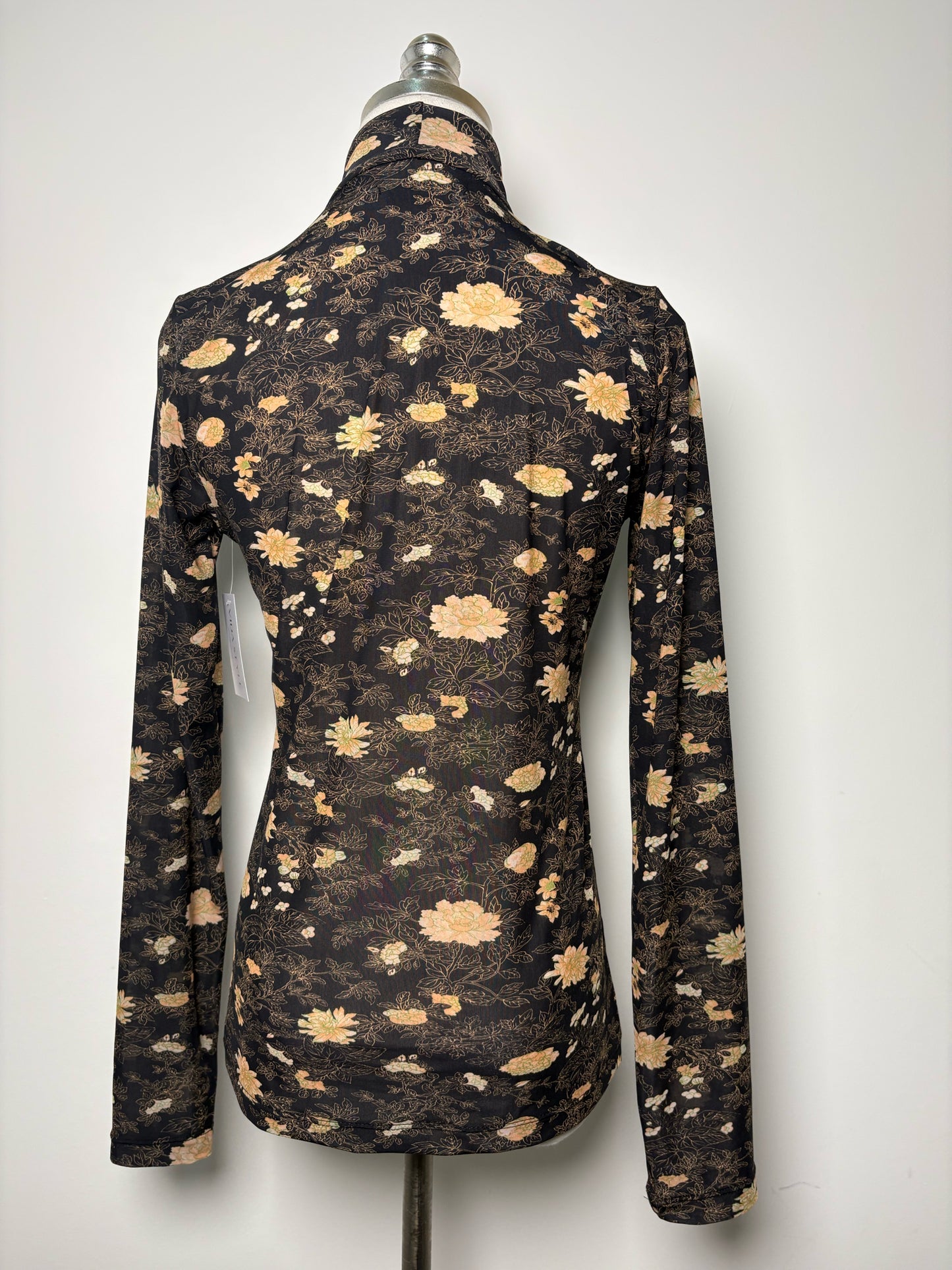 Women Size L Momoni Black, Khaki, Charcoal Floral Print Turtleneck Sheer Shirt