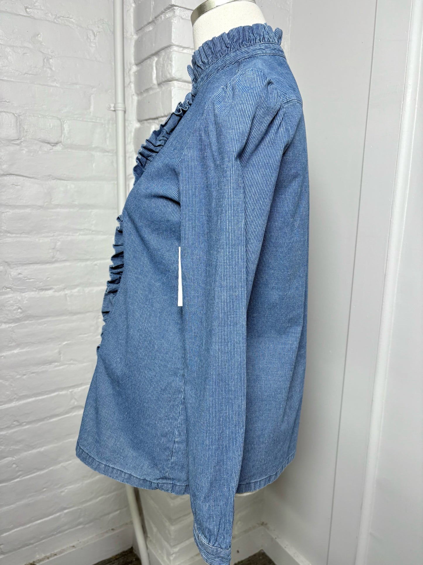 Women Size 34 (2) A.P.C Rue Madame Blue Pinstripe Cotton Ruffle Trim Shirt