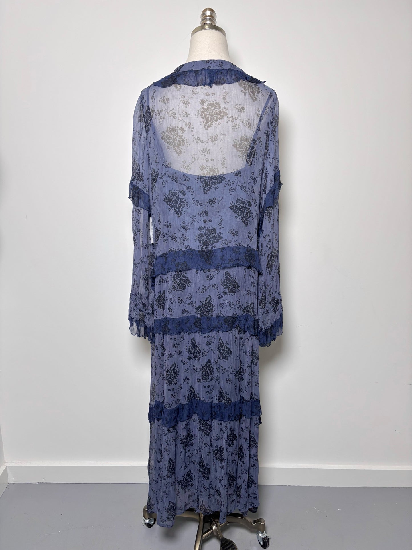 Women Size L Sundance Blue, Black Floral Print Cupro Dress