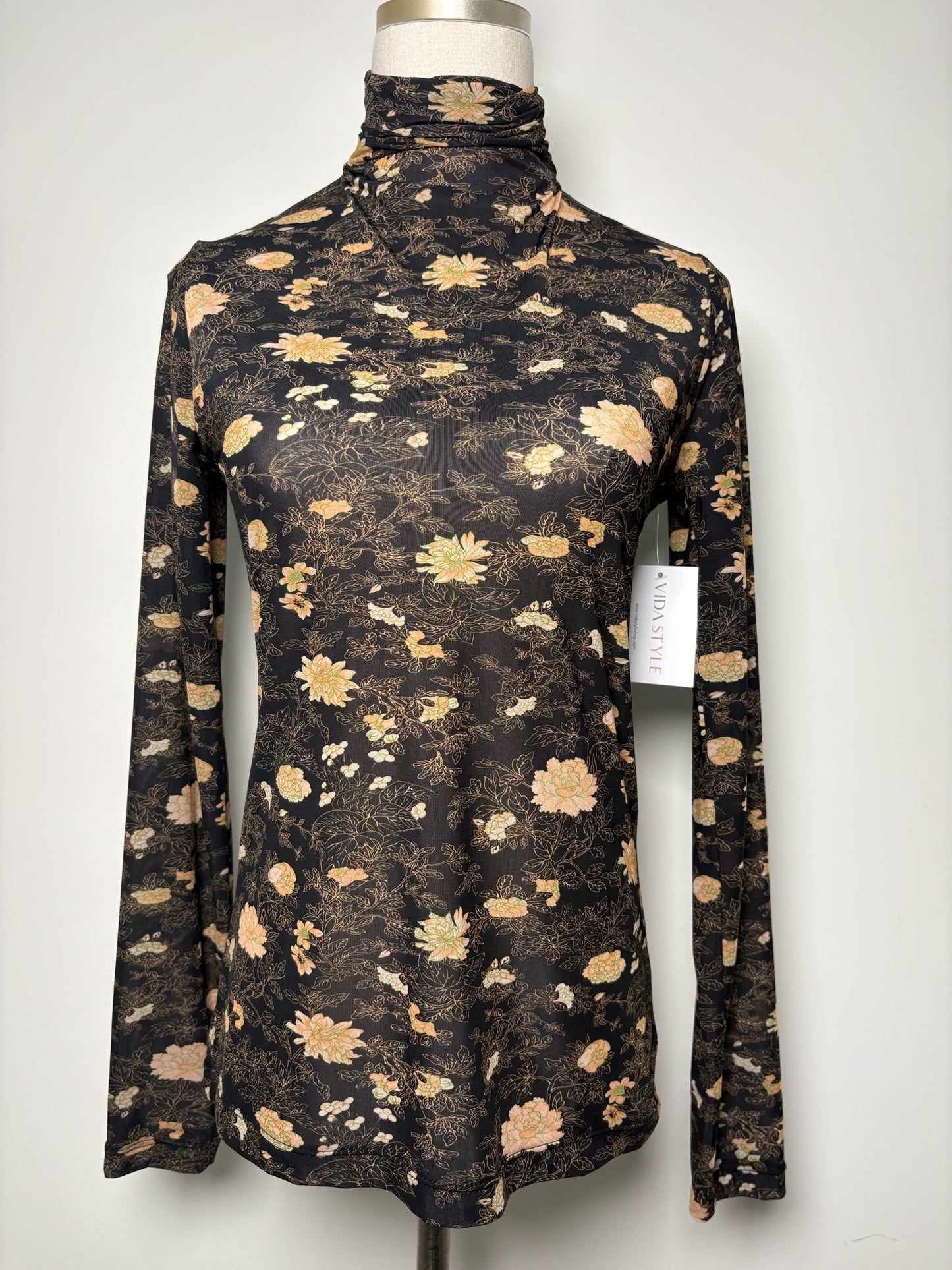 Women Size L Momoni Black, Khaki, Charcoal Floral Print Turtleneck Sheer Shirt