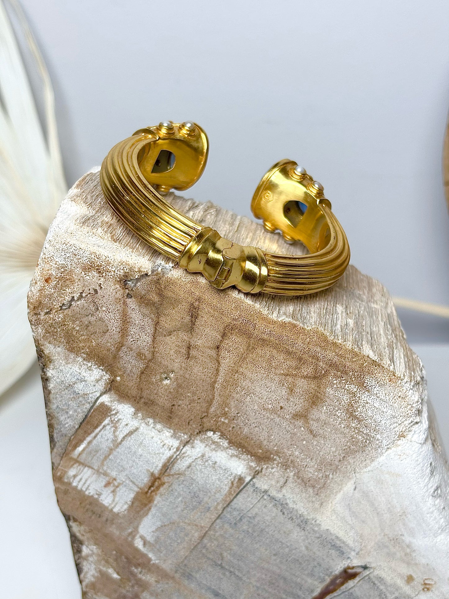 Gold Julie Vos 24K plated Cuff Blue Stone, Pearl Bracelet