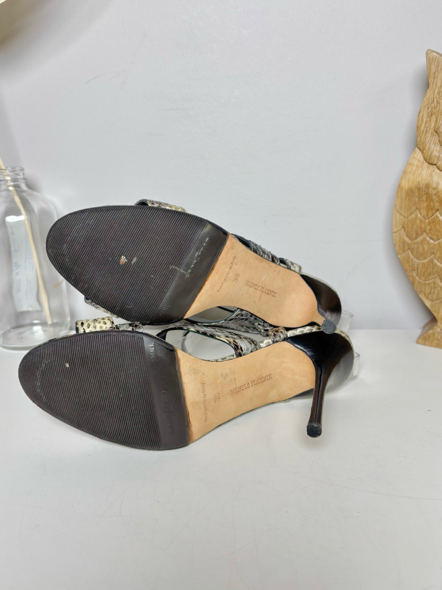 W Shoe Size 38 (8) Manolo Blahnik Black, Silver Leather Snake Skin Heels