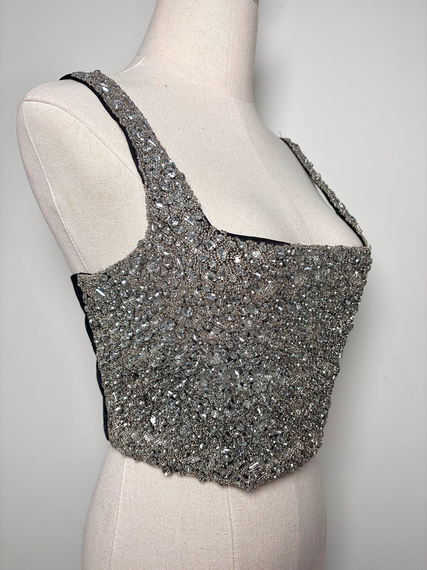 Women Size 2 BR Black, Silver Crystals Bustier Top