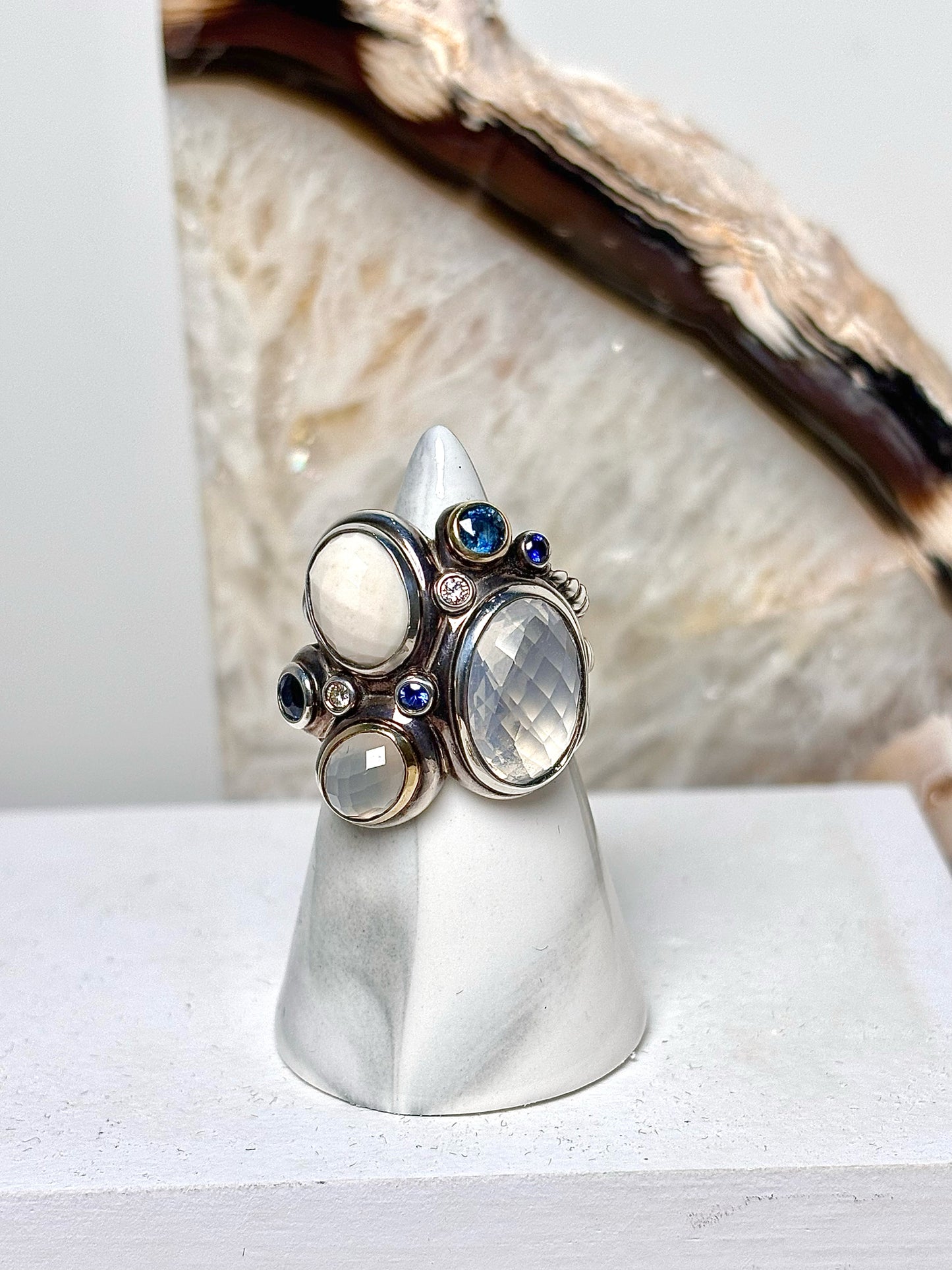 David Yurman White Agate, Moonstone, Quartz Sterling Silver 6 Ring