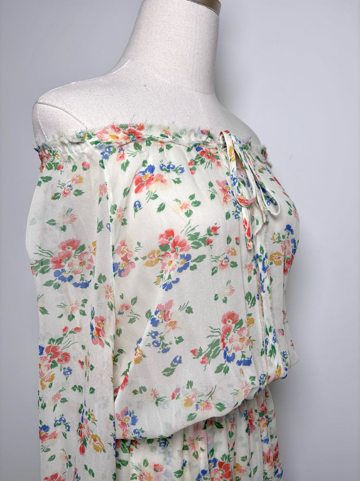 Women Size XS LoveShackFancy Cream, green, blue, red, yellow Floral Silk Dress