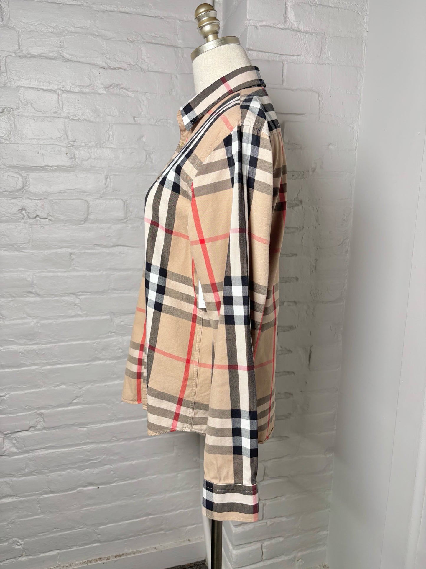 Women Size XL (Fits S) Burberry Khaki, Black, Red, White Check Print Shirt