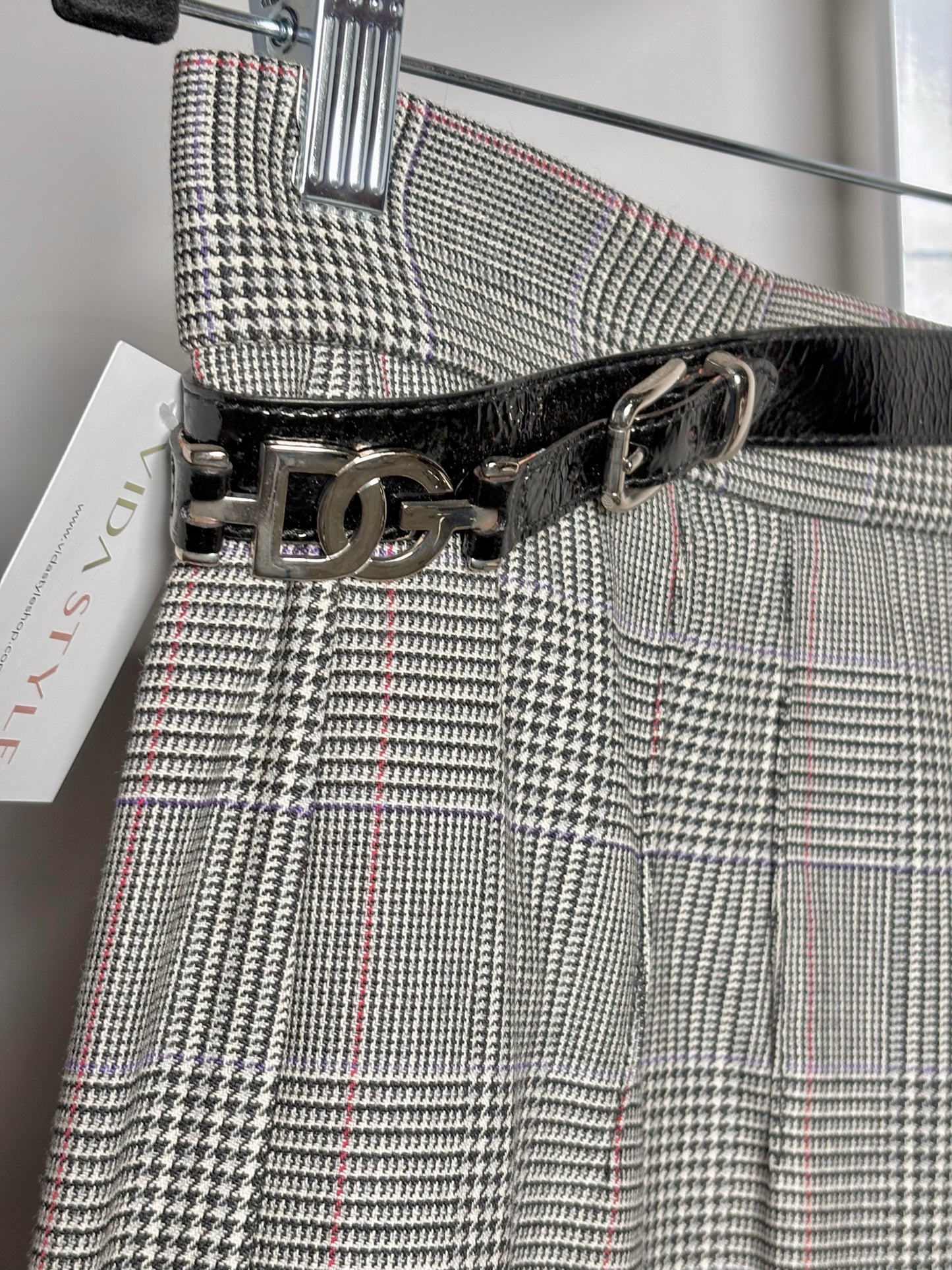 Dolce & Gabbana Gray Plaid Silver Logo Buckles Skirt