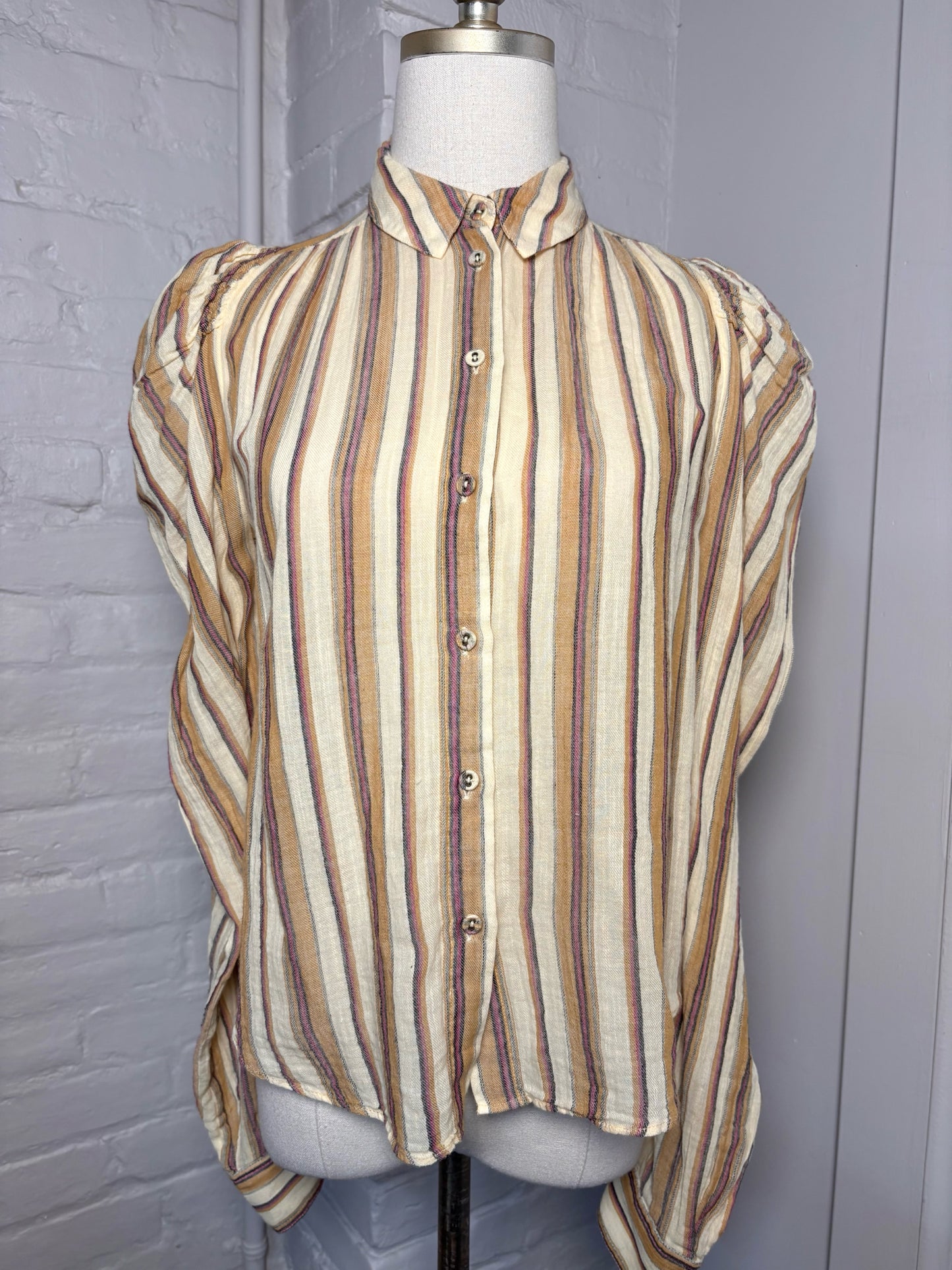 Women Size 0 Ulla Johnson Cream, yellow, red Stripe Cotton Shirt