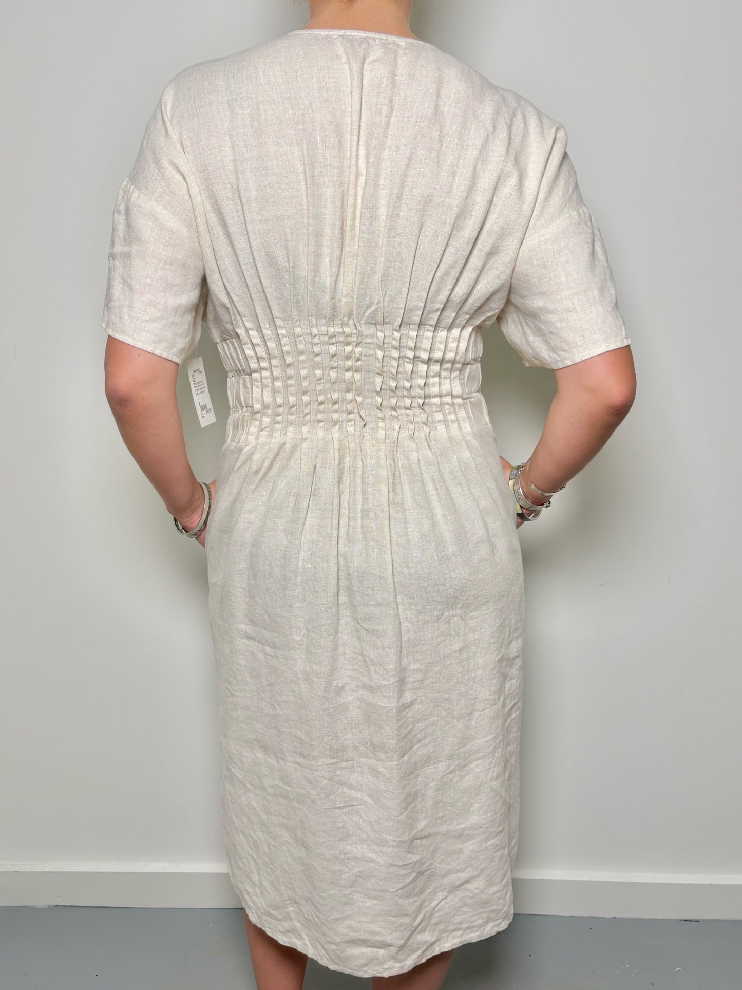 Women Size M Staud Wheat Solid Linen Smocked Waist Midi Dress