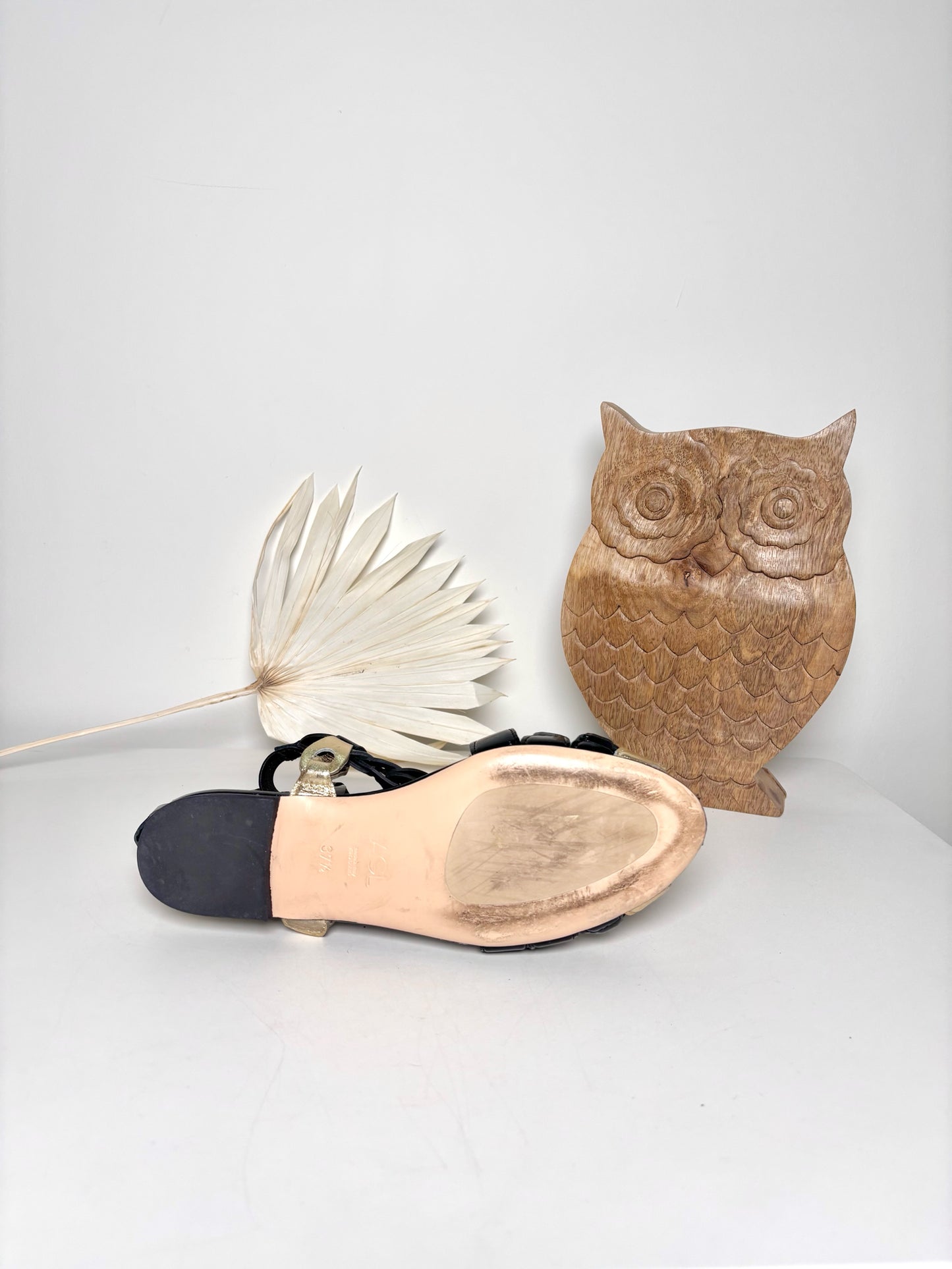 W Shoe Size 37.5 (7.5) AGL Black, Gold Leather Patent Sandals