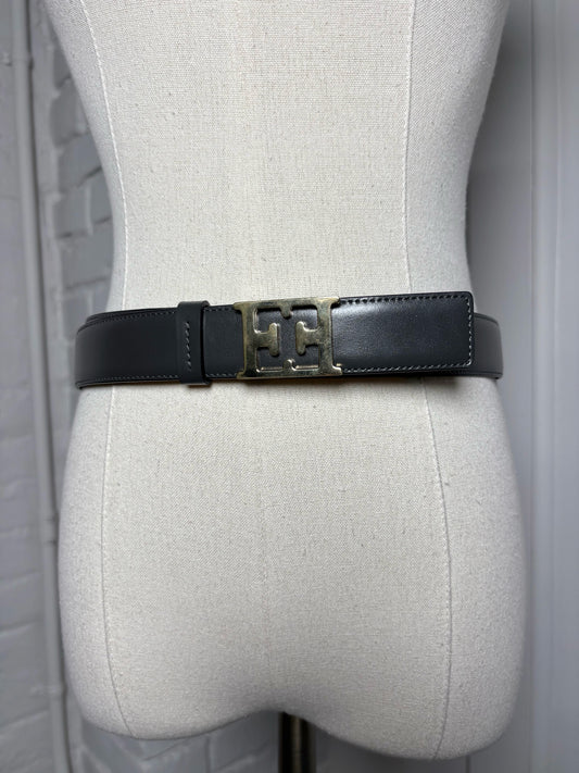 Escada Leather Charcoal  L/XL Belt EE Gold Tone Logo