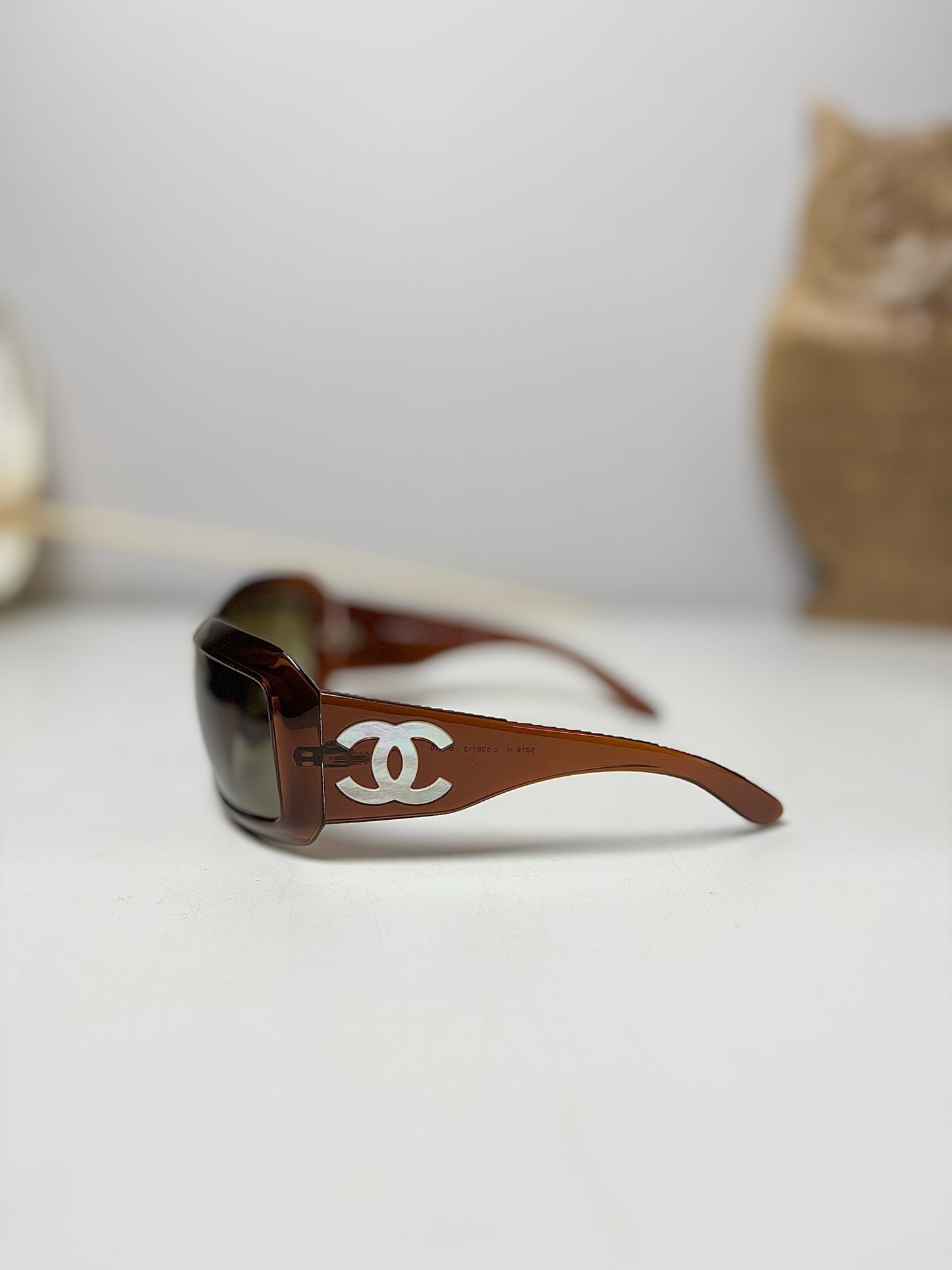 Chanel Brown Mother of Pearl CC Logo Square Frame Sunglasses