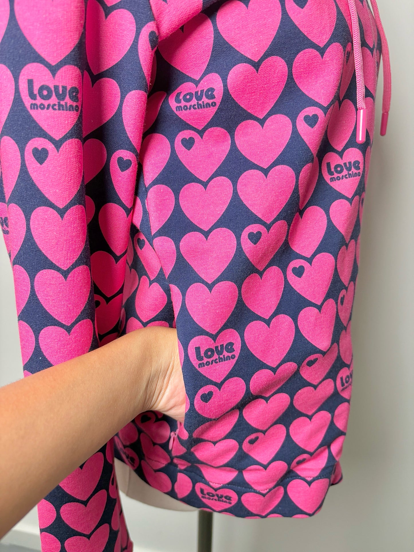 Women Size 4 (S) Love Moschino Pink, blue Hearts Cotton NWT Jacket