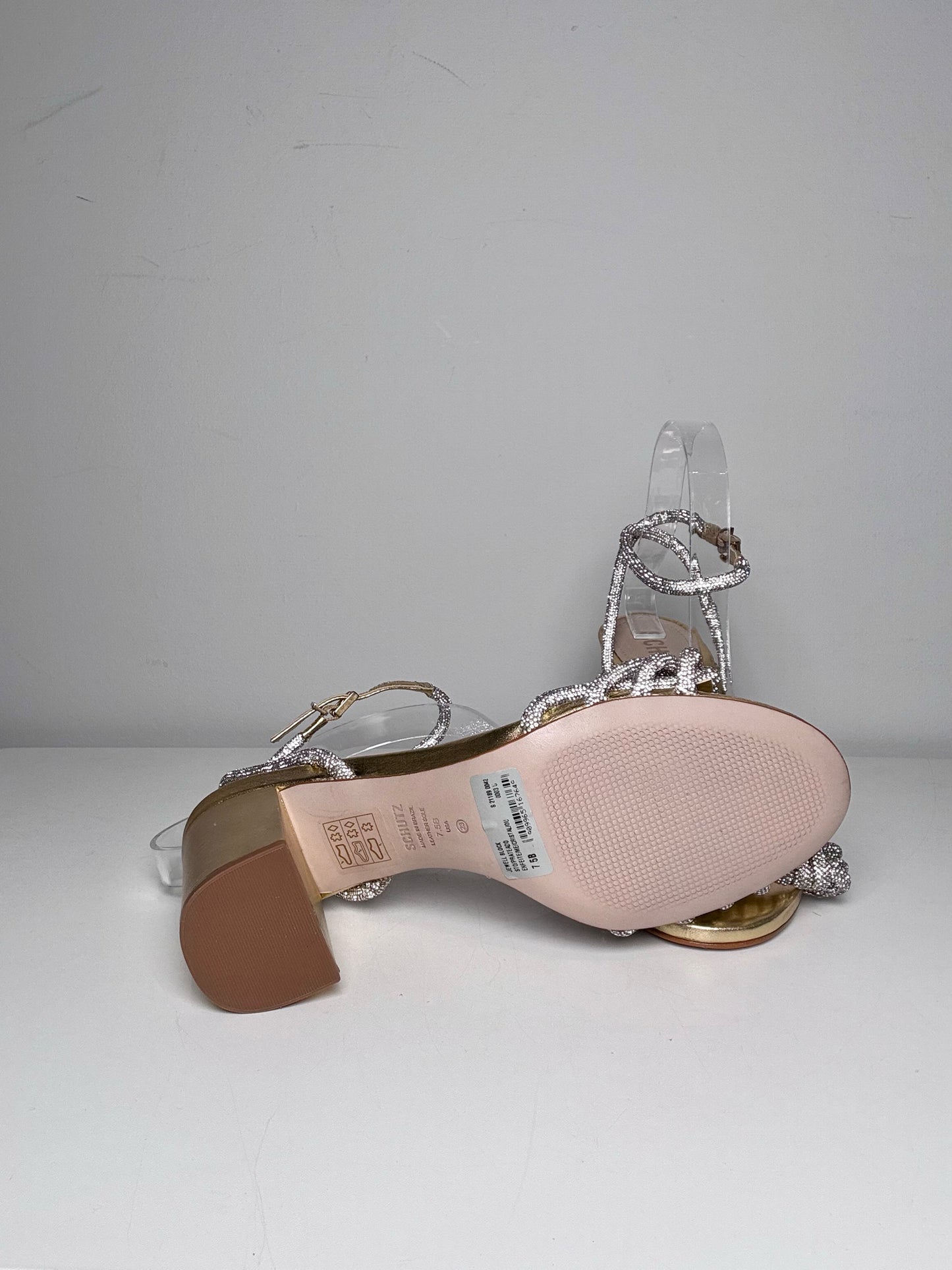 W Shoe Size 7.5 Schutz Jewell Block Gold Leather Cowhide Pre-owned, NWT Heels