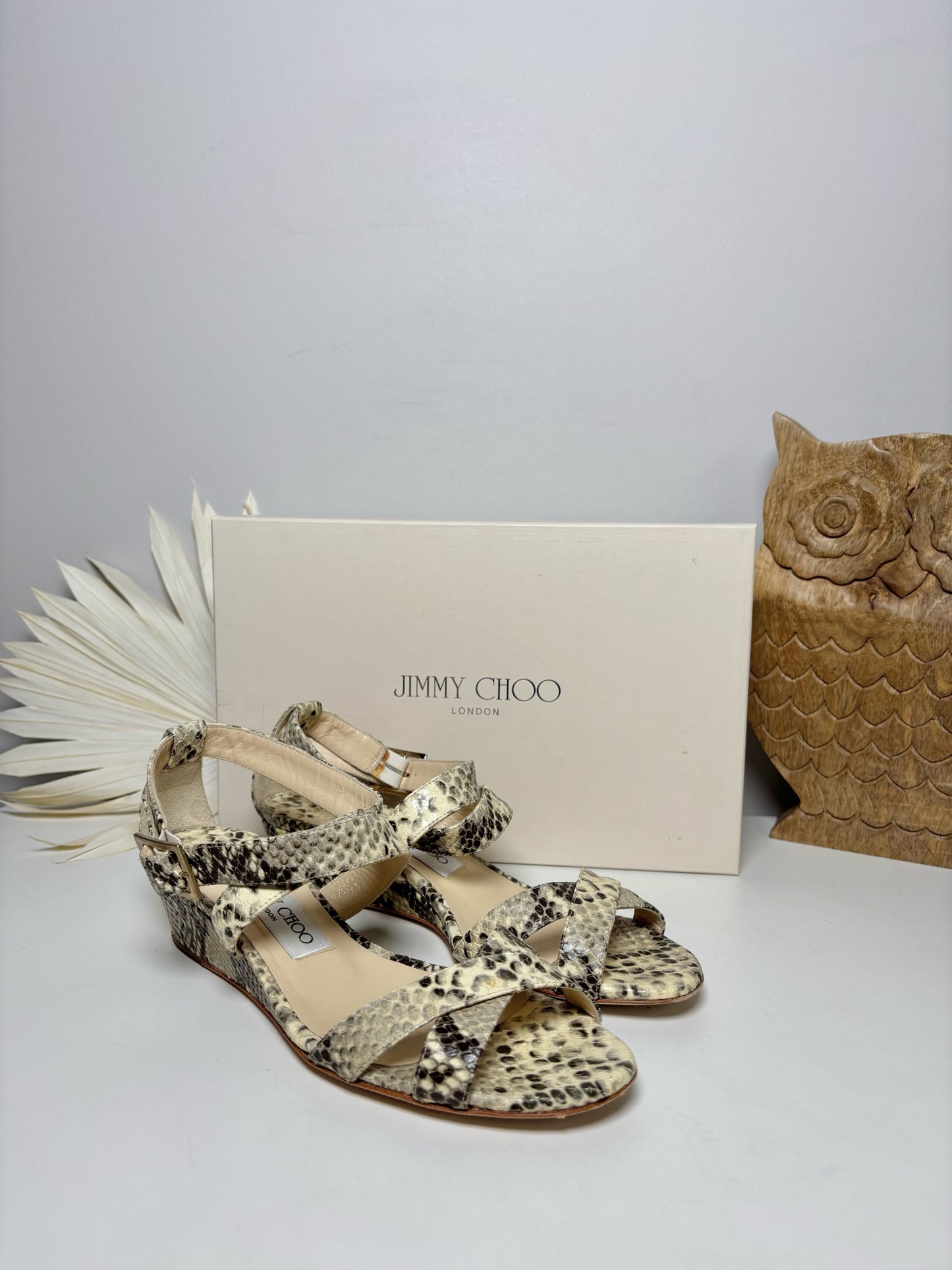 W Shoe Size 37 Jimmy Choo Brown, Cream Leather Snakeprint Sandals