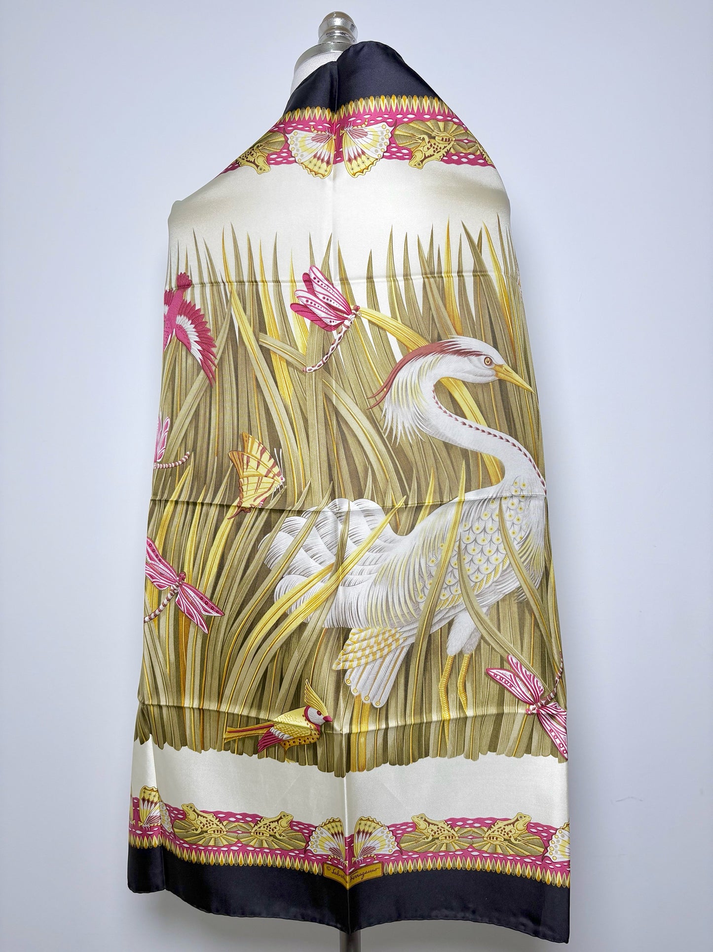 Salvatore Ferragamo Birds, Frogs, Stork, Silk Pre-owned Square Scarf