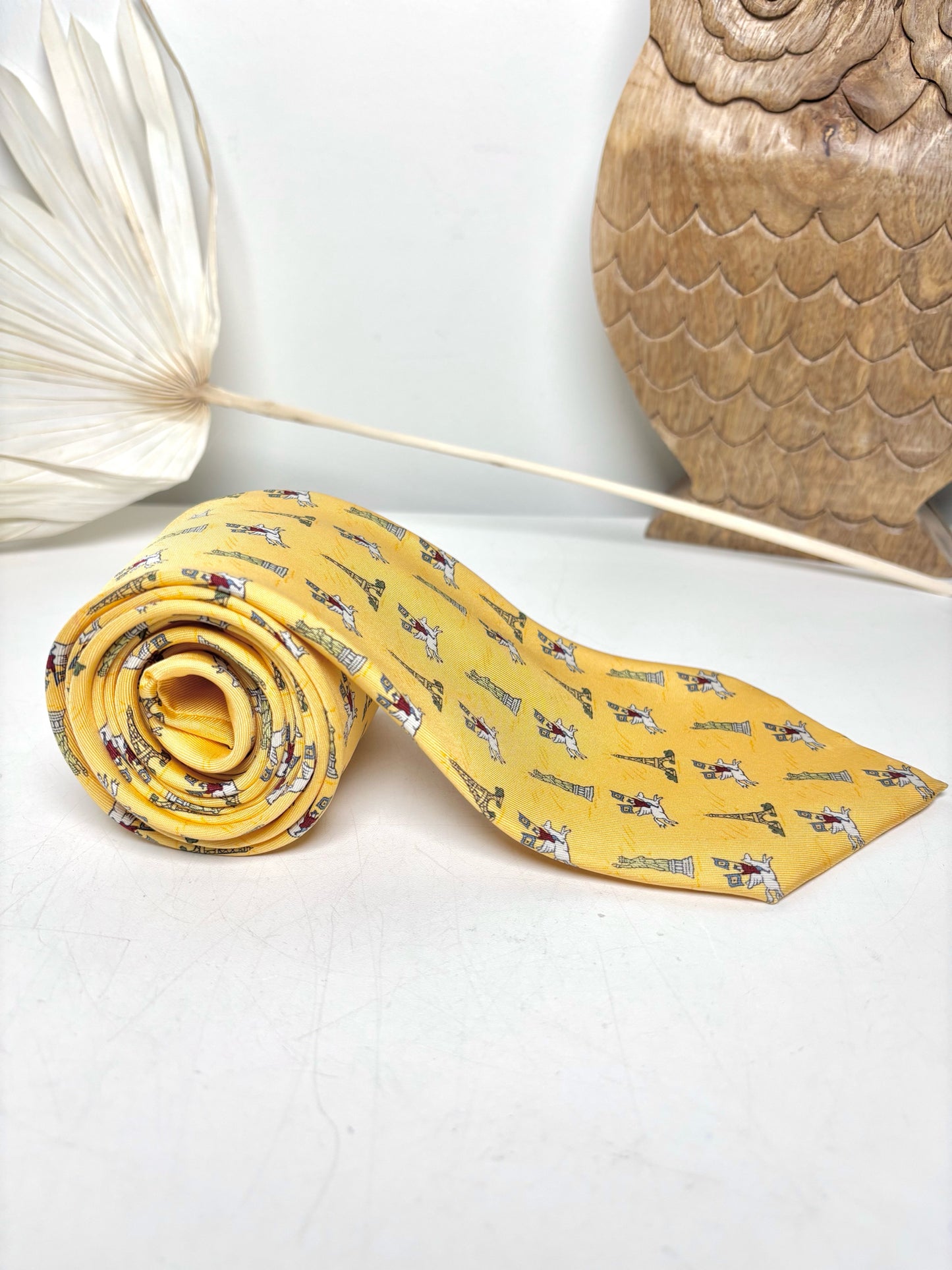 Vintage Hermes Yellow Silk Flying Horse, Eiffel Tower Men's Tie