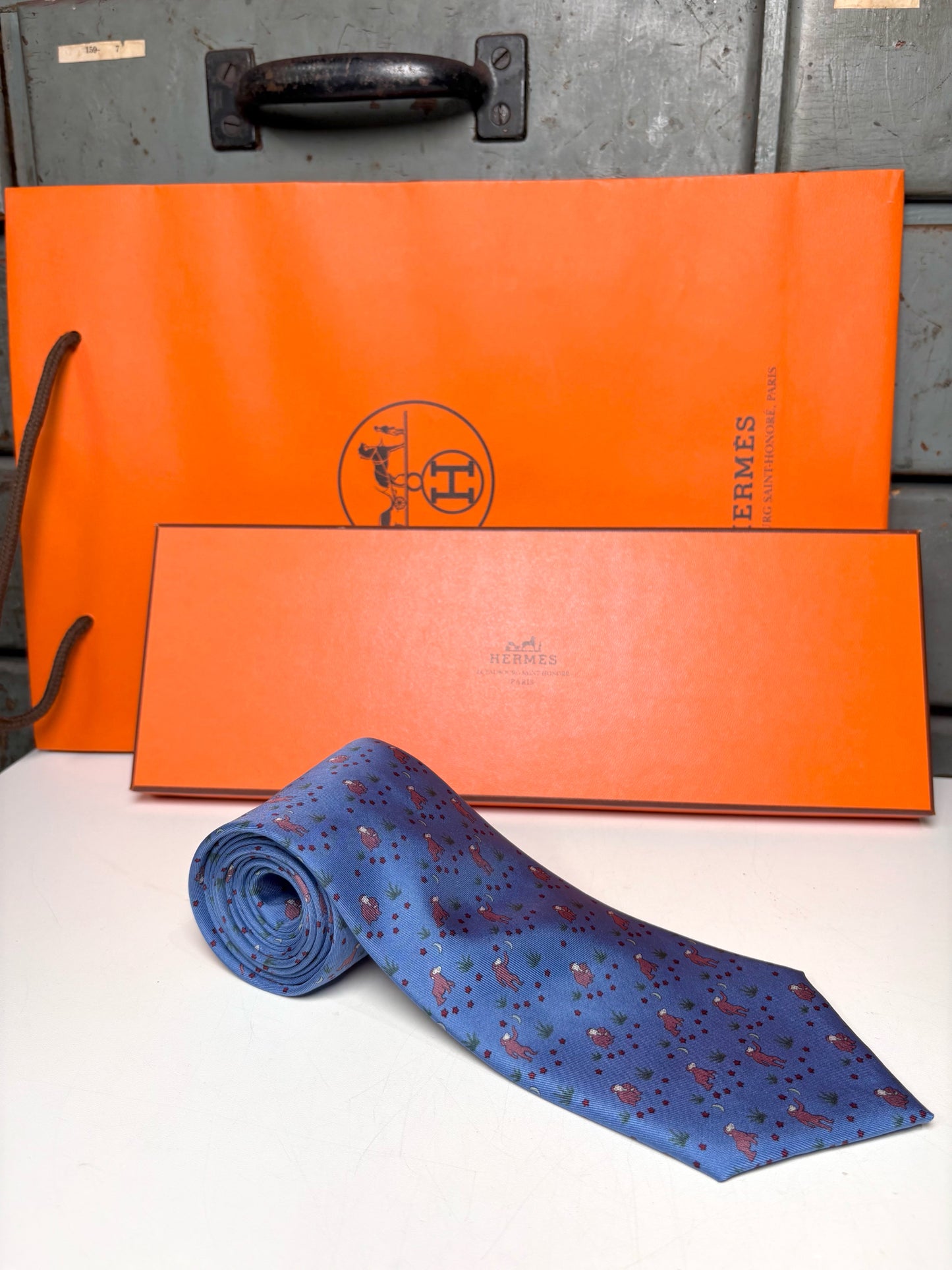 Hermes Blue 100% Silk Monkeys Men's Tie